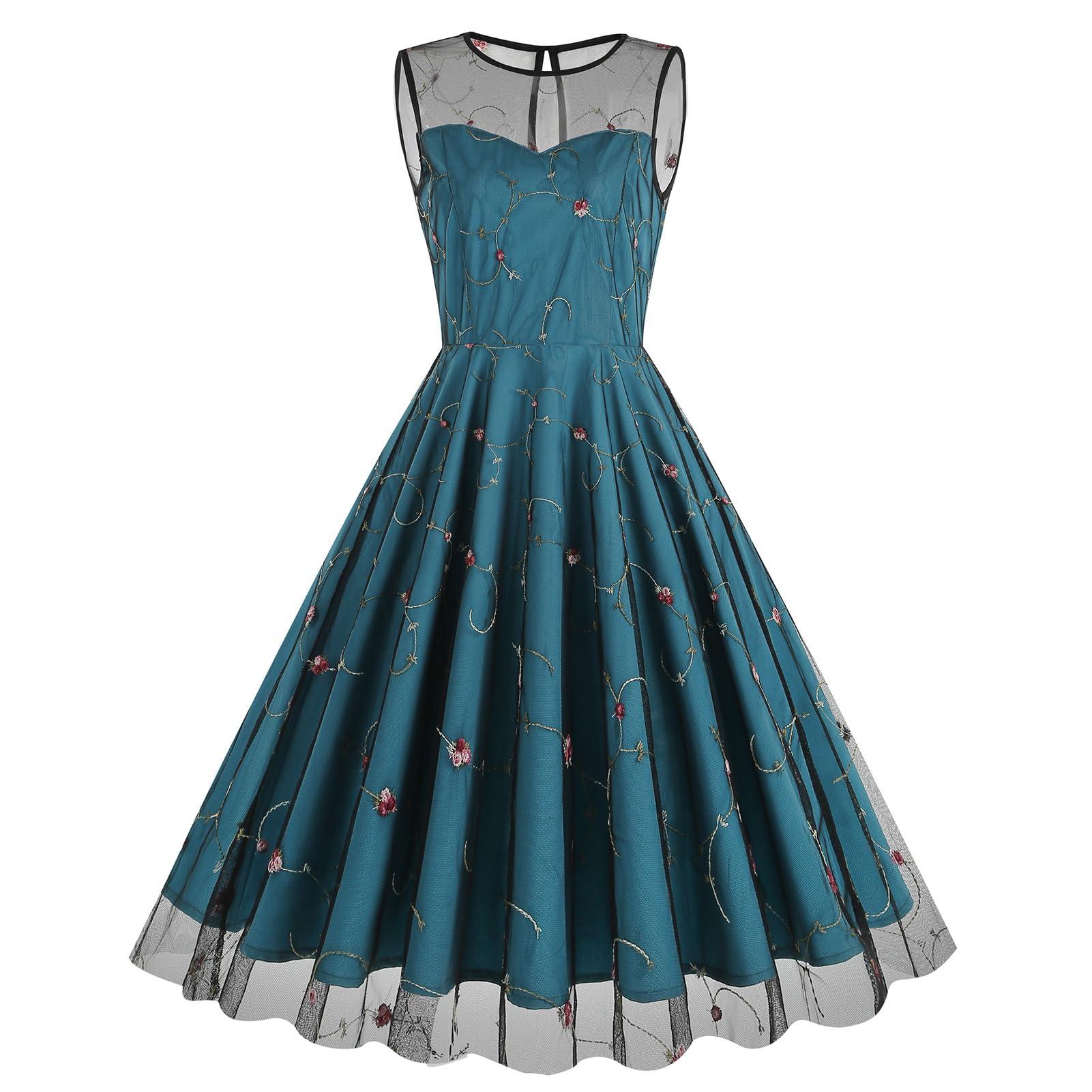 ODOLDI Women Keyhole Floral Embroidery Dress Sheer Mesh Floral Embroidered Dresses Sleeveless Flower Embroidery Tulle Dress for Women Vintage Cocktail Prom Dresses Peacock Blue Floral Small