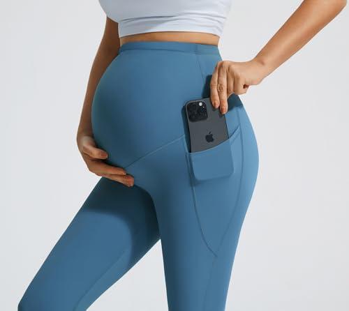 JOYSPELS JOYSPELS Smooth Feeling Flare Maternity Leggings Over The Belly with Pockets Soft Bootcut Pregnancy Yoga Pants Blue Steel