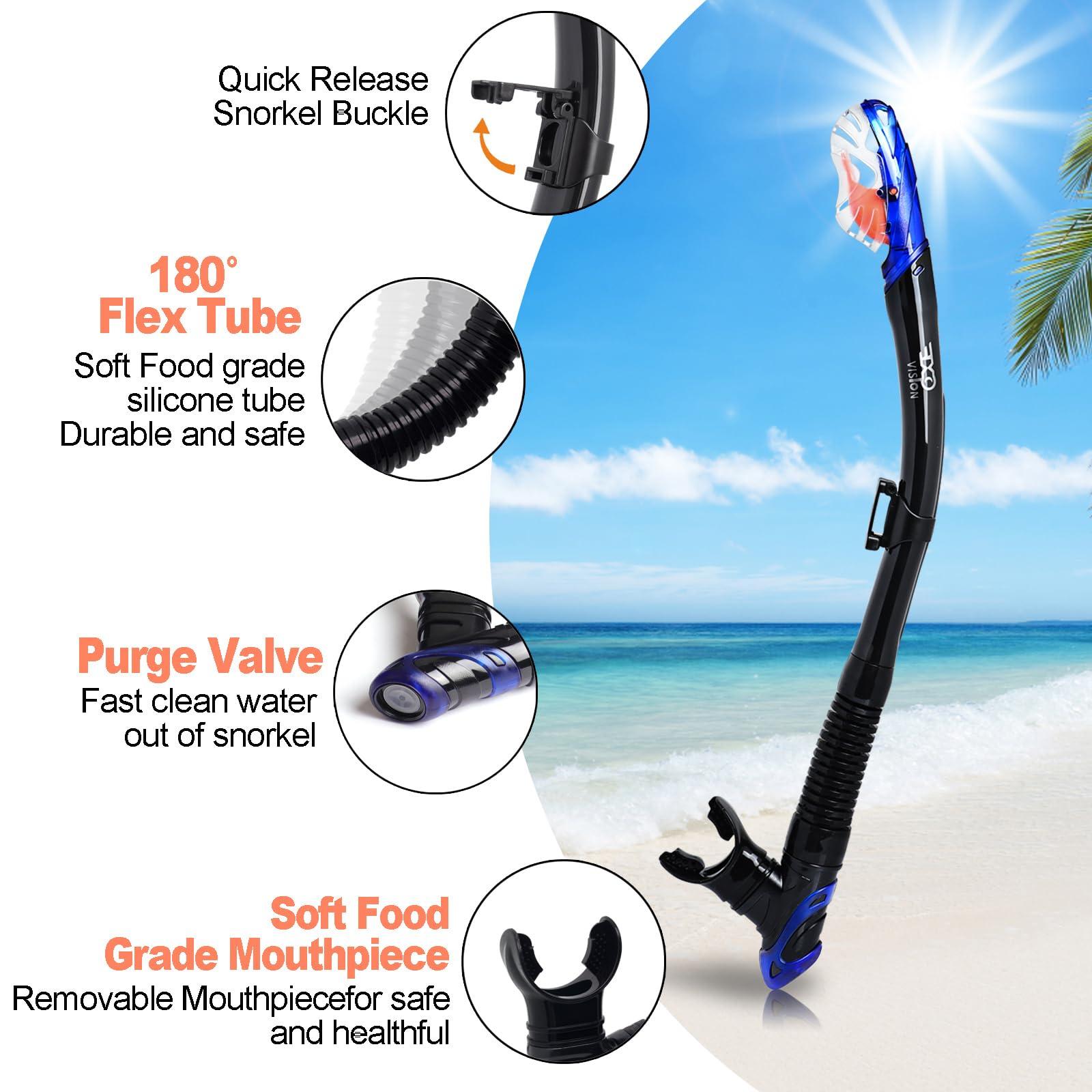 EXP VISION Mask Fin Snorkel Set, Adults Snorkeling Gear Panoramic Diving Mask and Dry Top Snorkel and Dive Flippers Kit with Travel Bag for Swimming Training, Snorkeling (Medium-Blue Set)