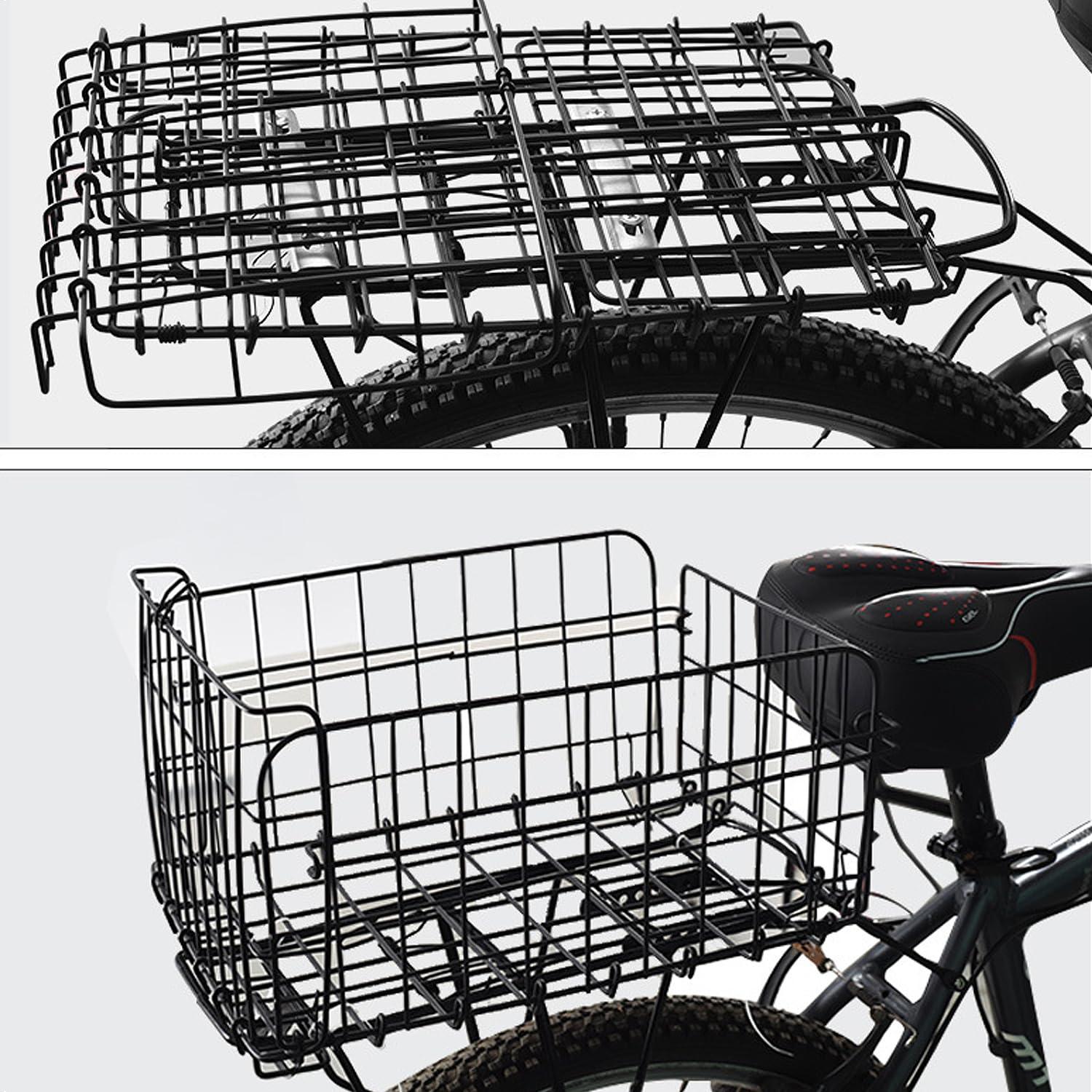 Huntoshon Folding Rear Bike Basket, Huntoshon Quickly Release Metal Bicycle Rack Cargo Basket with Strap & Reflective Tail Light for Most Mounted Bike Rack