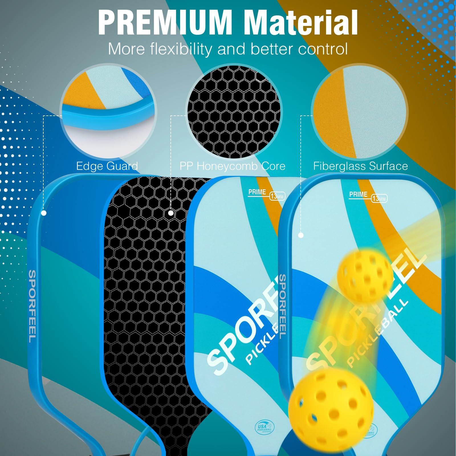 SPORFEEL SPORFEEL Pickleball Paddles, USAPA Approved Fiberglass Pickleball Paddle Sets, Indoor Outdoor Pickle Ball Sports Accessories, Pickle Ball Set for Men Women Beginners, includes 4 Balls and 1 Bag (Blue)