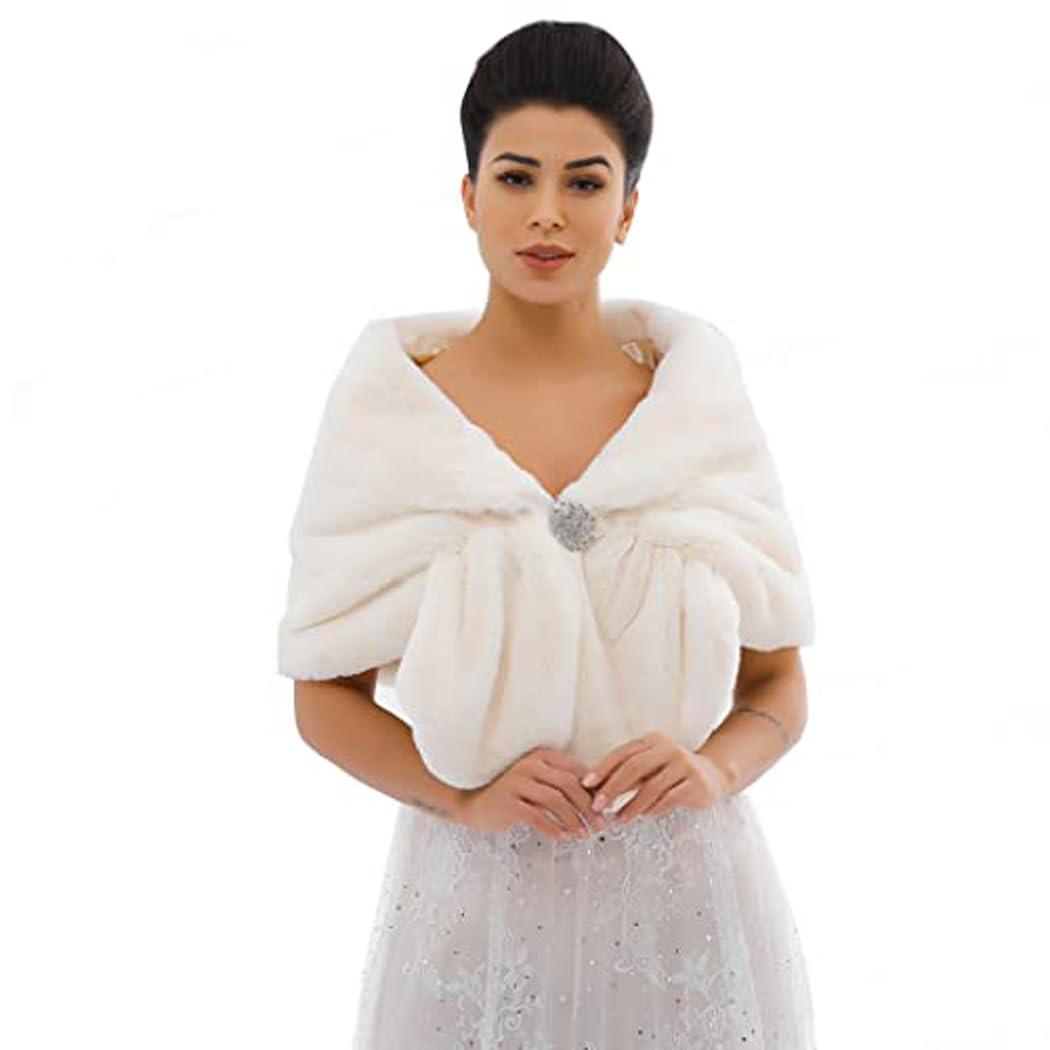 Zehope Zehope Wedding Faux Fur Shawl Wrap Winter Stole Shrug Bridal Evening Cape Scarf Cover Up for Bride and Bridesmaids (Ivory)