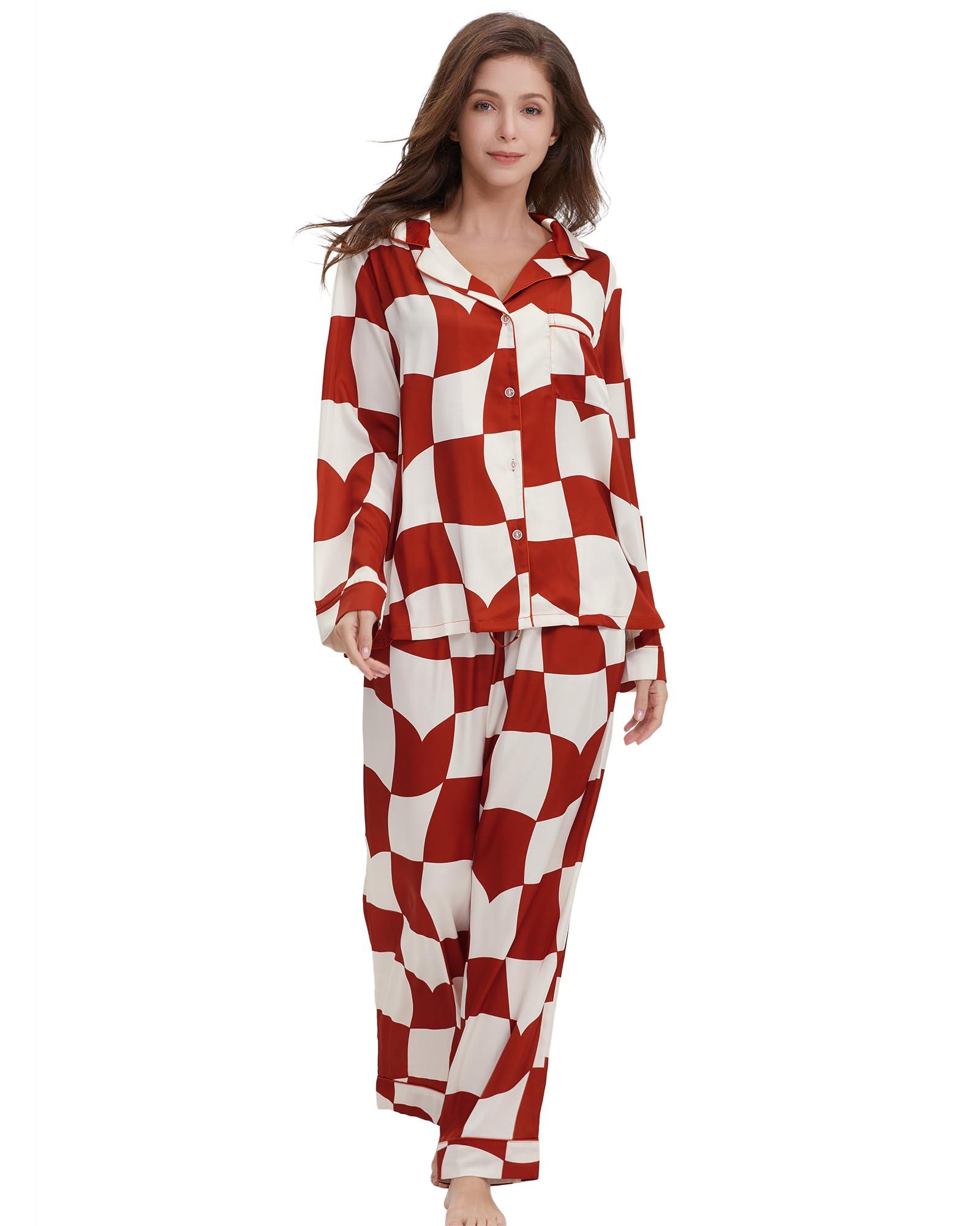 YiNi LuLu YiNi LuLu Womens Silk Satin Pajamas Set Button Down 2 Piece Pjs Set For Women Long Sleeve Oversized Sleepwear with Pockets Red Plaid