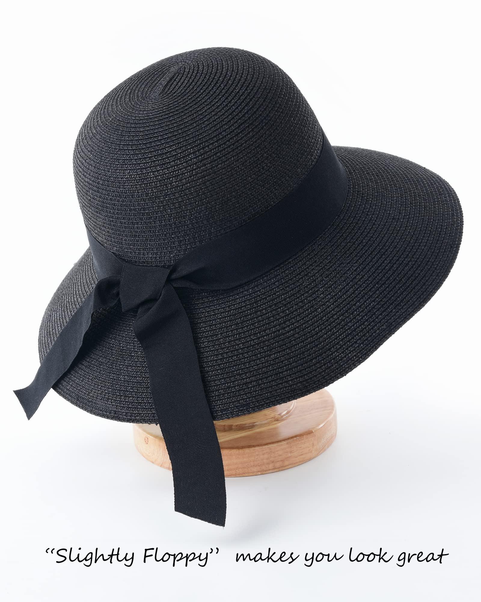 FURTALK FURTALK Womens Beach Sun Straw Hat UV UPF 80+ Travel Foldable Brim Summer UV Hat Black
