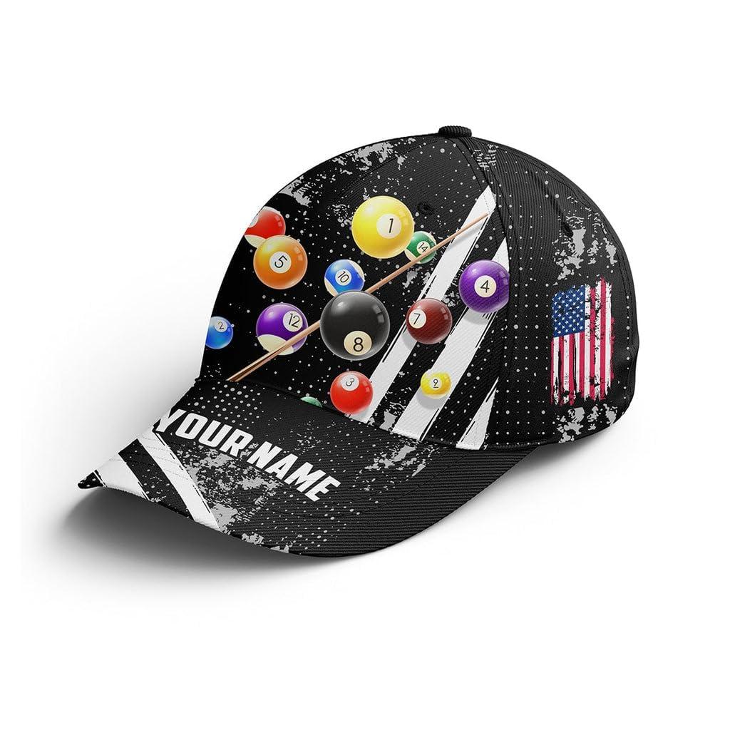 MABALETH Custom Billiard Hat, Custom Name US Flag Pool Balls Black Billiards Hat Cap, Billiards Gifts Billiars Hats, Billiards Hat Men, Billiards Hats Men, Billiard Ball Cap, Billiard Baseball Cap