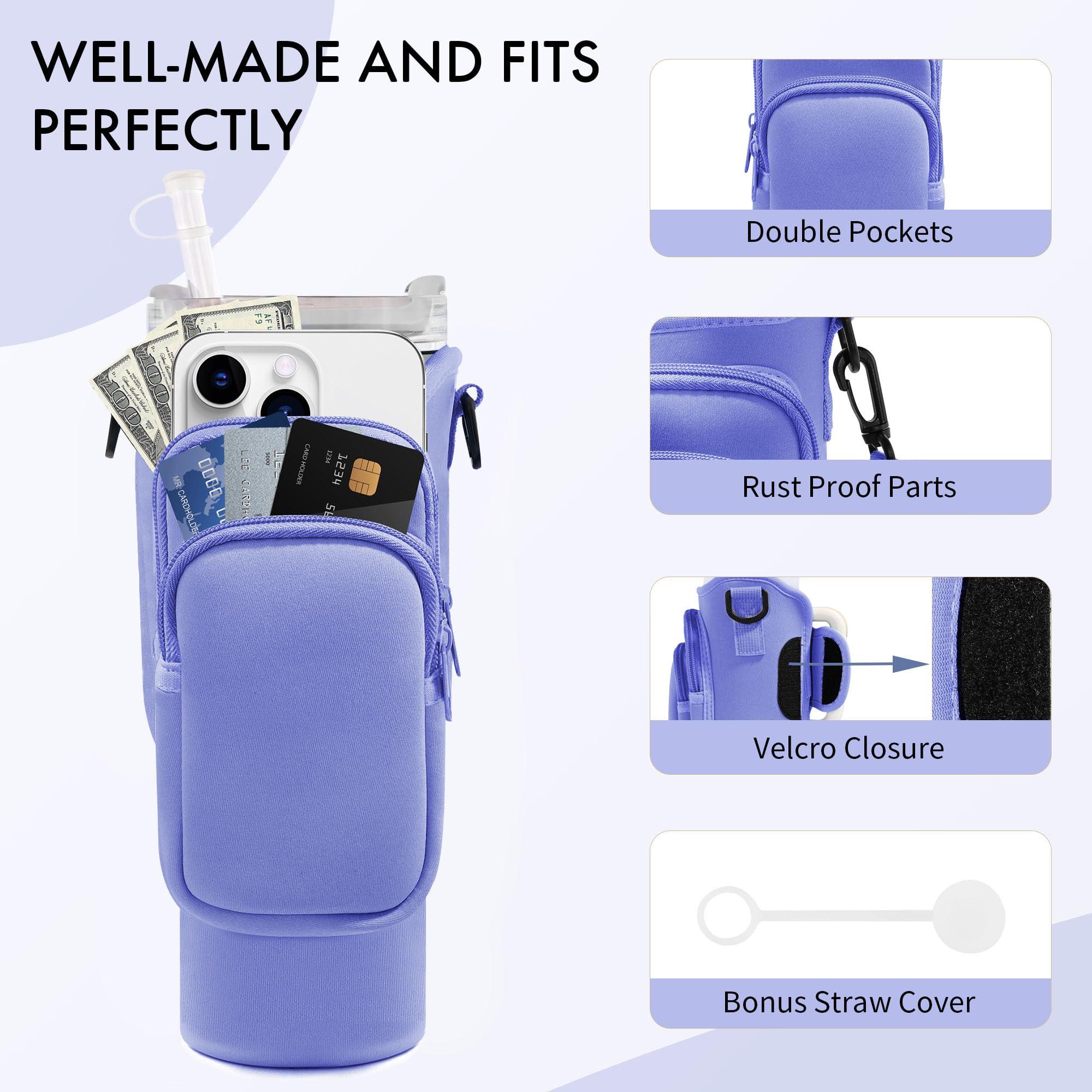 JEBEALUO JEBEALUO Water Bottle Carrier Bag with Phone Pocket for Stanley Cup 40/30 oz, Water Bottle Holder with Adjustable Strap& Straw Cover, Stanley Cup Accessories (Violet)