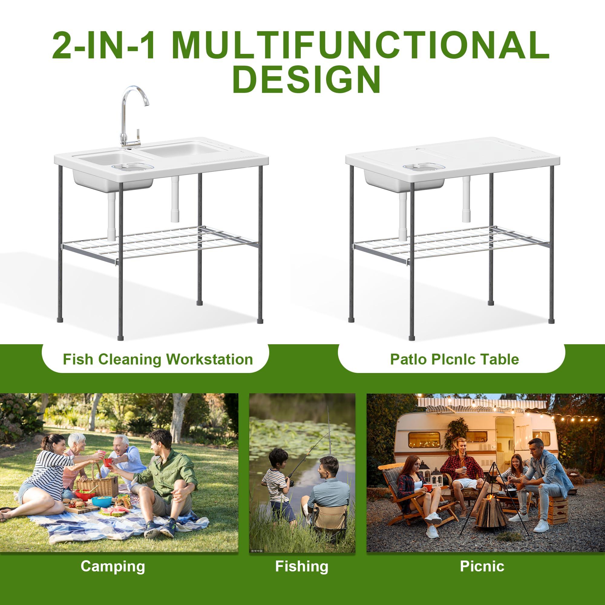 THUNDERBAY THUNDERBAY Portable Folding Fish Game Cleaning Camp Table Heavy Duty 40''Fillet Table with Double Sink and Faucet