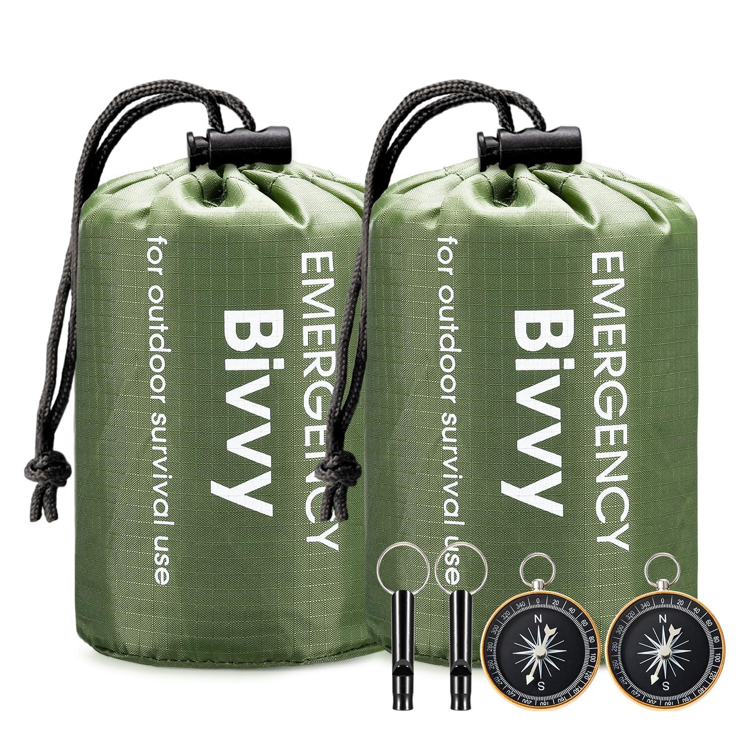 Esky Esky Emergency Sleeping Bag, 2 Pack Survival Bag Portable Thermal Bivy Sack, Waterproof Lightweight Emergency Blanket Survival Gear with Compass for Camping Hiking Outdoor Adventure