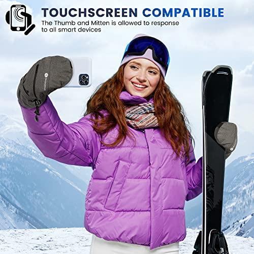 ANDORRA ANDORRA Women Snowboard Gloves Zipper Pocket Water Proof Touchscreen Mittens for Women, Grey, S/M