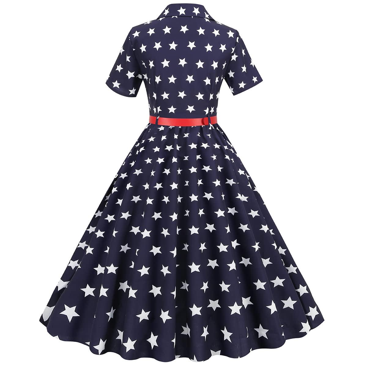 ABOCIW 4th of July Dress Women American Flag Dressy up Lapel Collar V Neck Short Sleeve Stars Shirt Dress A-line Knee Length Cocktail Party Patriotic Dress with Belt Navy Blue-Stars XL