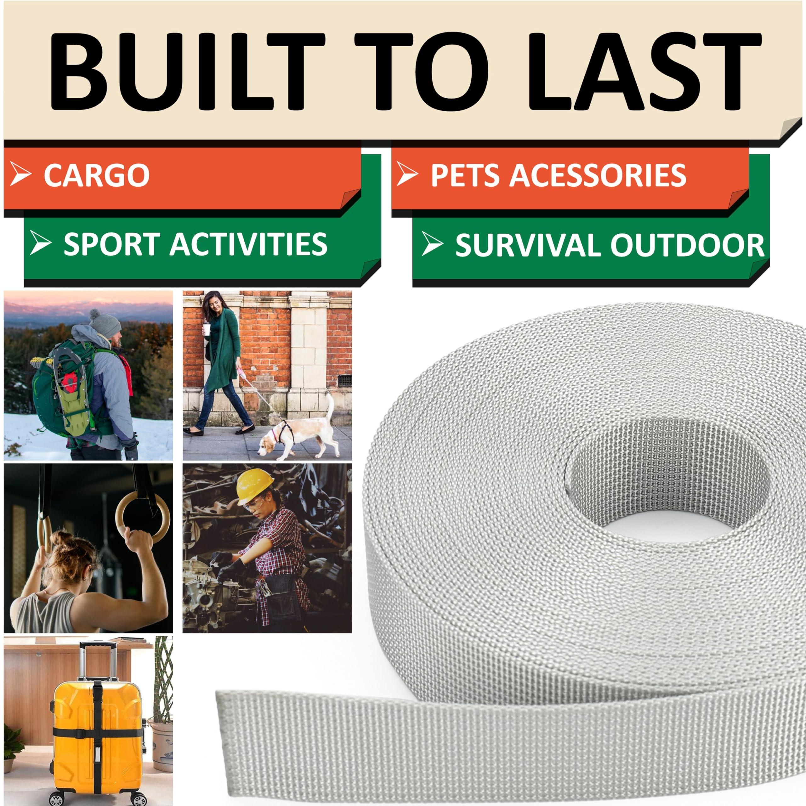 DEYACE DEYACE 2 Inch Nylon Webbing Strap with Plastic Tri-Glide Slide Clips, 10 25 50 Yards Heavy Duty Nylon Strapping for Indoor or Outdoor Gear, DIY Crafting, Repairing (Gray, 2" x 10 Yards)