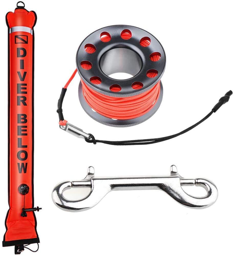 Seafard 4ft Red Scuba Diving SMB, Open Bottom Surface Marker Buoy with Safety Sausage with 49ft Alloy Dive Reel and Double-Ended Bolt Clip for Underwater Sports-Gray