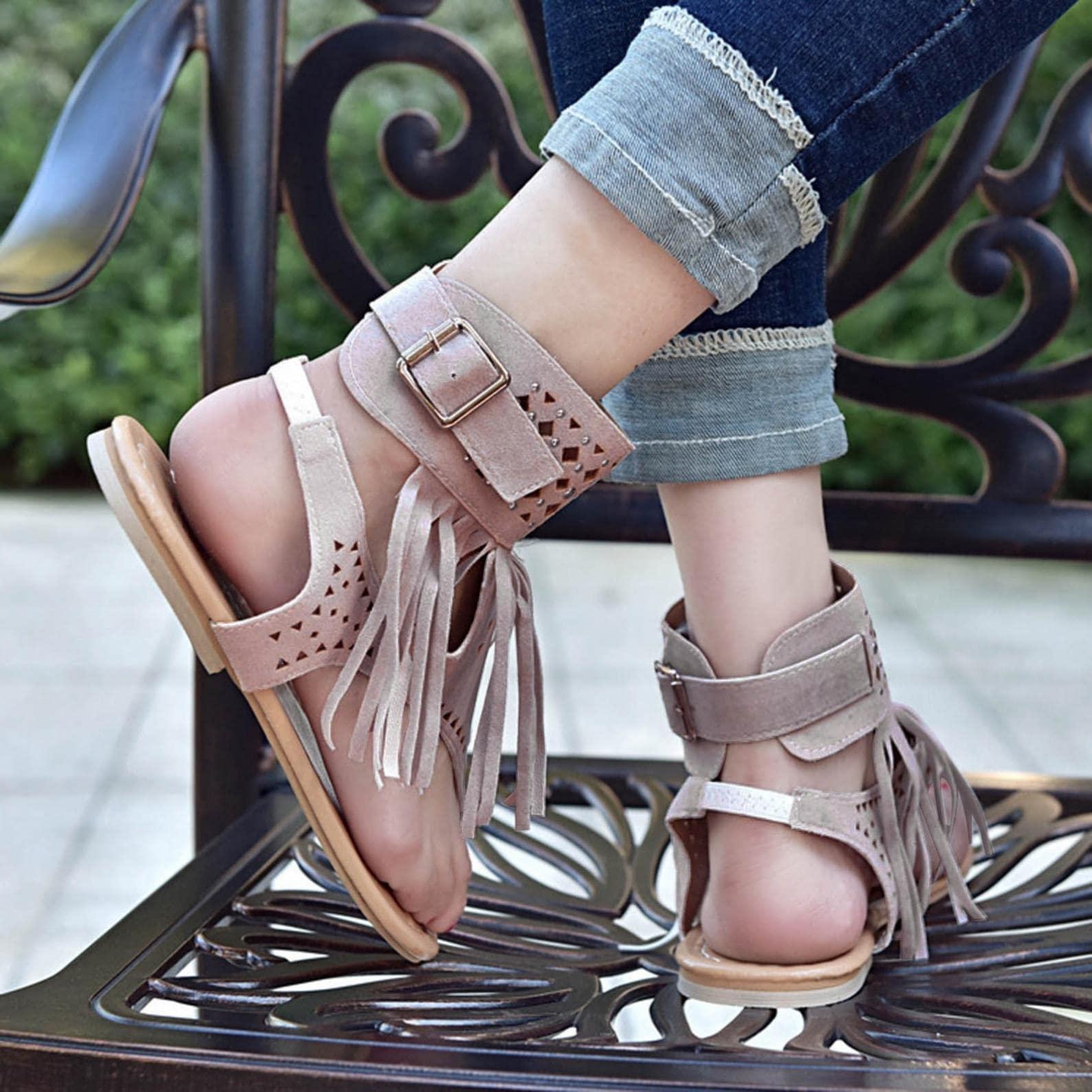ZBYY ZBYY Womens Gladiator Fringe Thong Flat Sandals Bohemian Sexy Beach Roman Boots Tassel Flip Flops Hollow Out Sandals