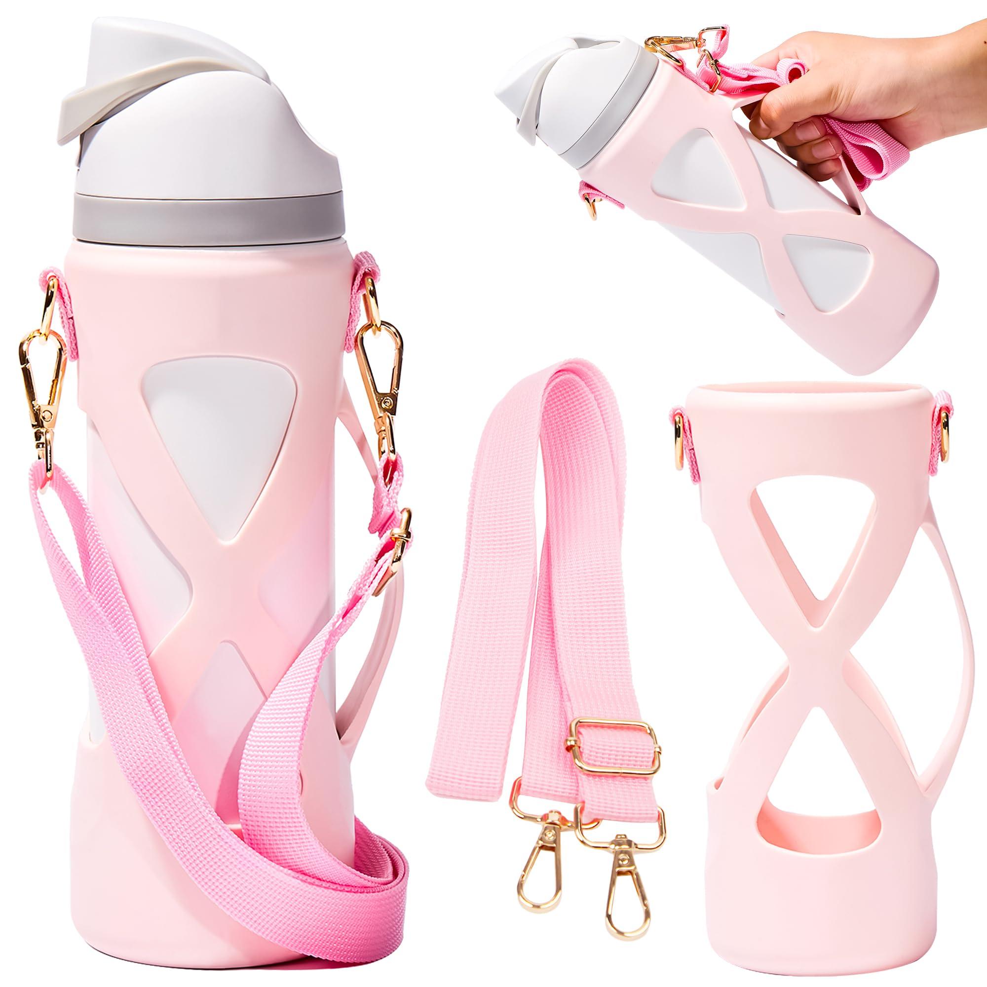 Bigwaves Bigwaves Bottle Bumper Silicone Boot Sleeve Protector with Handle for Owala Freesip Water Bottle 24 Oz, Water Bottle Carrier Grip Accessories for Running Bike, Gym Or Jogging (Single Strap, Pink)