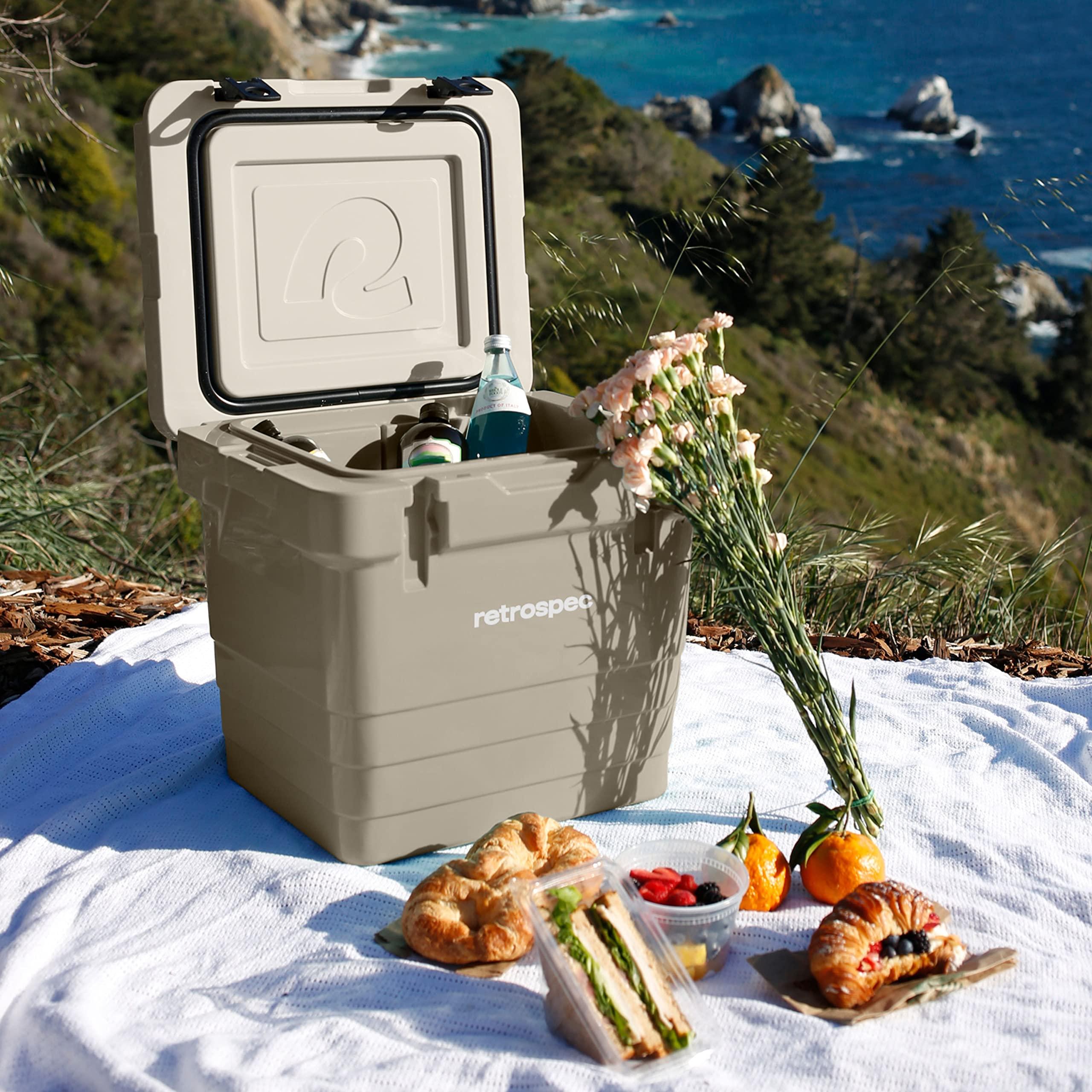 Retrospec Retrospec Palisade Rotomolded 25 Qt Cooler - Fully Insulated Portable Ice Chest with Built in Bottle Opener, Tie-Down Slots & Dry Goods Basket - Large Beach, Camping & Travel Coolers - Dune