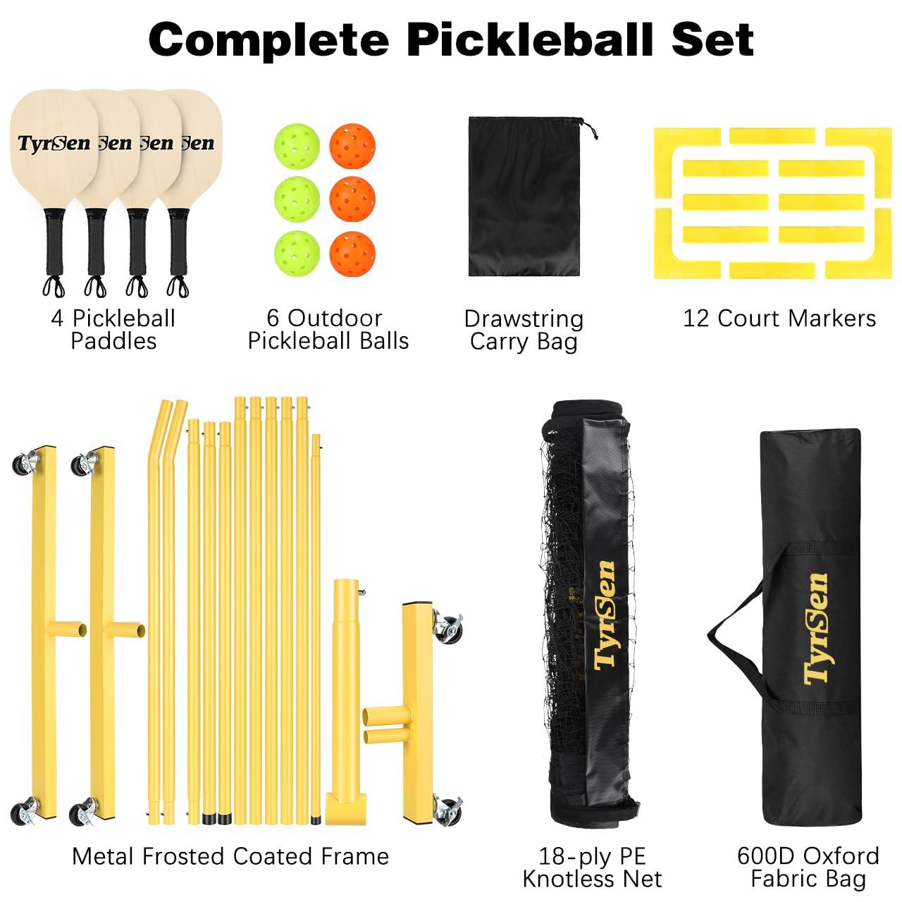 TYRSEN TYRSEN Pickleball Net Set - Pickleball Net on Wheels for Driveway Backyard, 22FT Regular Size, 4 Pickleball Paddles & 6 Balls, 12 Court Markers, 1 Carry Bag, Pickleball Set for Indoor Outdoor Play