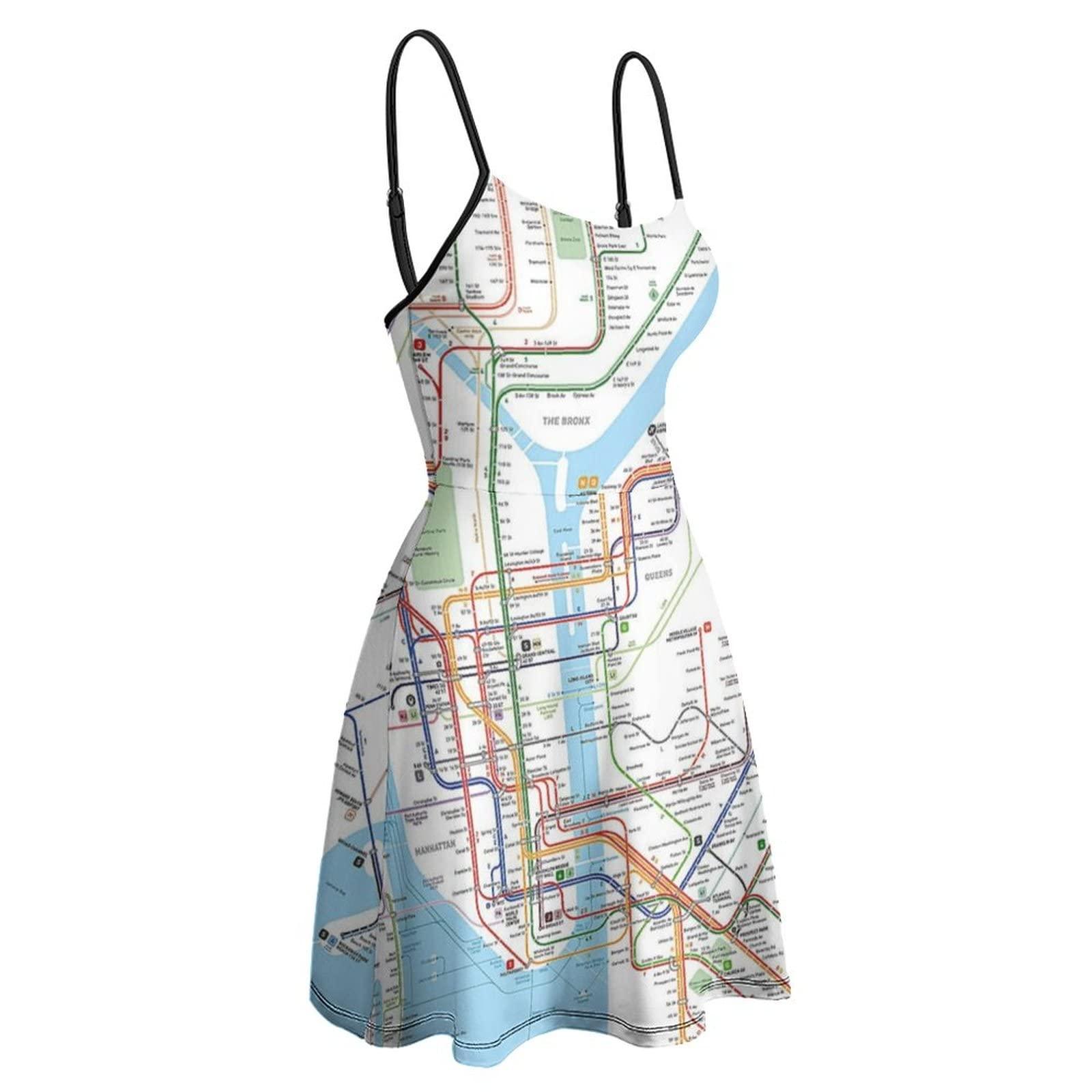 TUBIAZICOL New York Subway Map Print Women's Sleeveless Dress Spaghetti Strap Swing Beach 2022