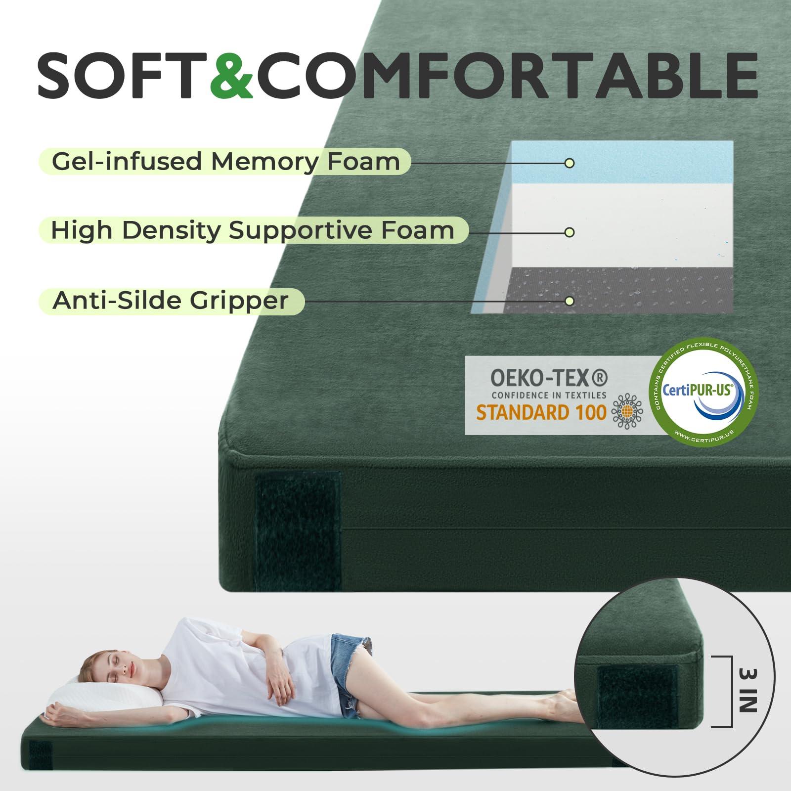 Kingfun Kingfun 3 Inch CertiPUR-US Memory Foam Camping Mattress, Waterproof Roll up Sleeping Pad for Adults, Comfortable Thick Floor Sleeping Mats for Car Truck Tent with Removable Travel Bag,Green