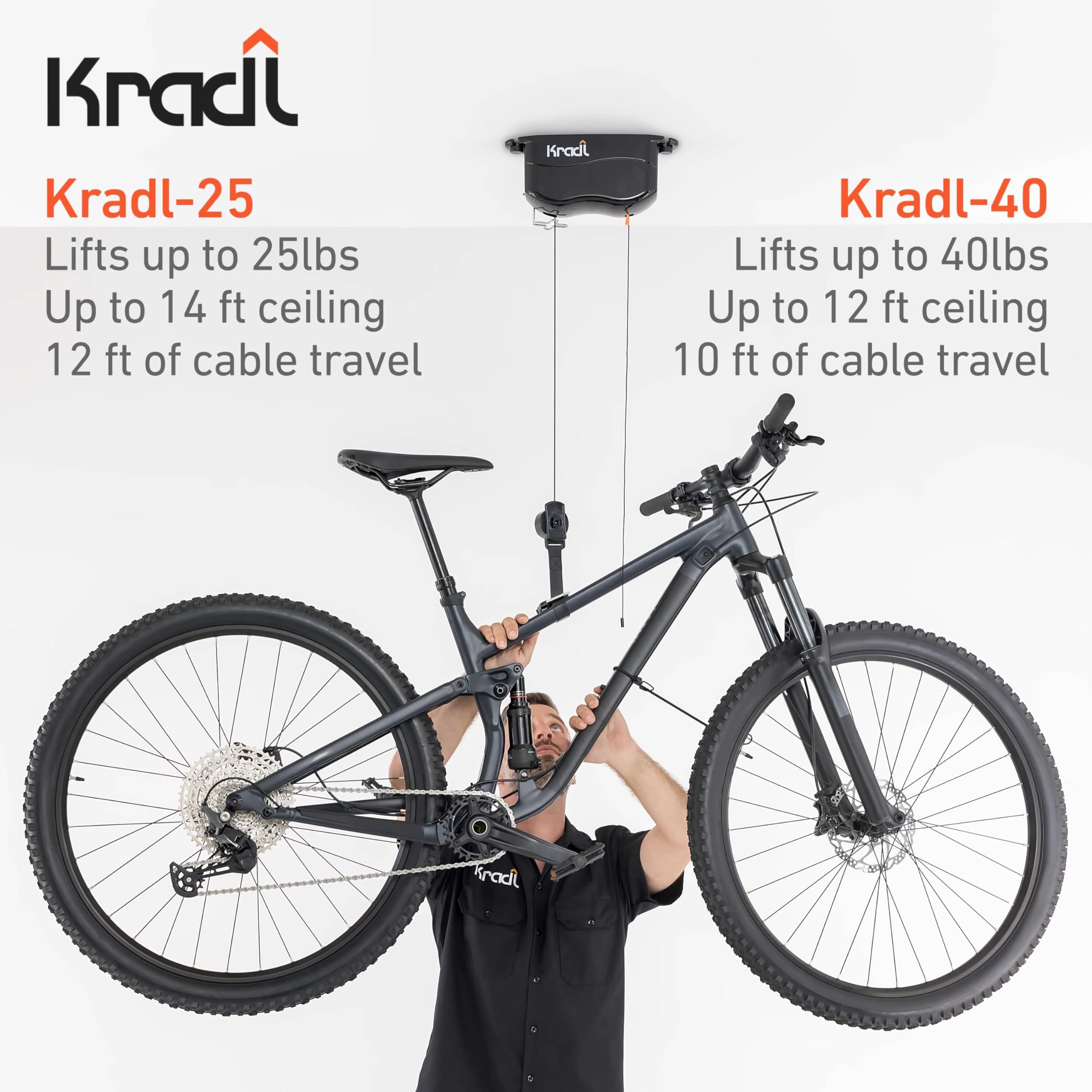 Kradl Kradl - Ceiling Mount Bike Lift and Rack. Bicycle Storage Hoist Without Electricity, Clumsy Ropes or Pulleys. 25 Pound Capacity.