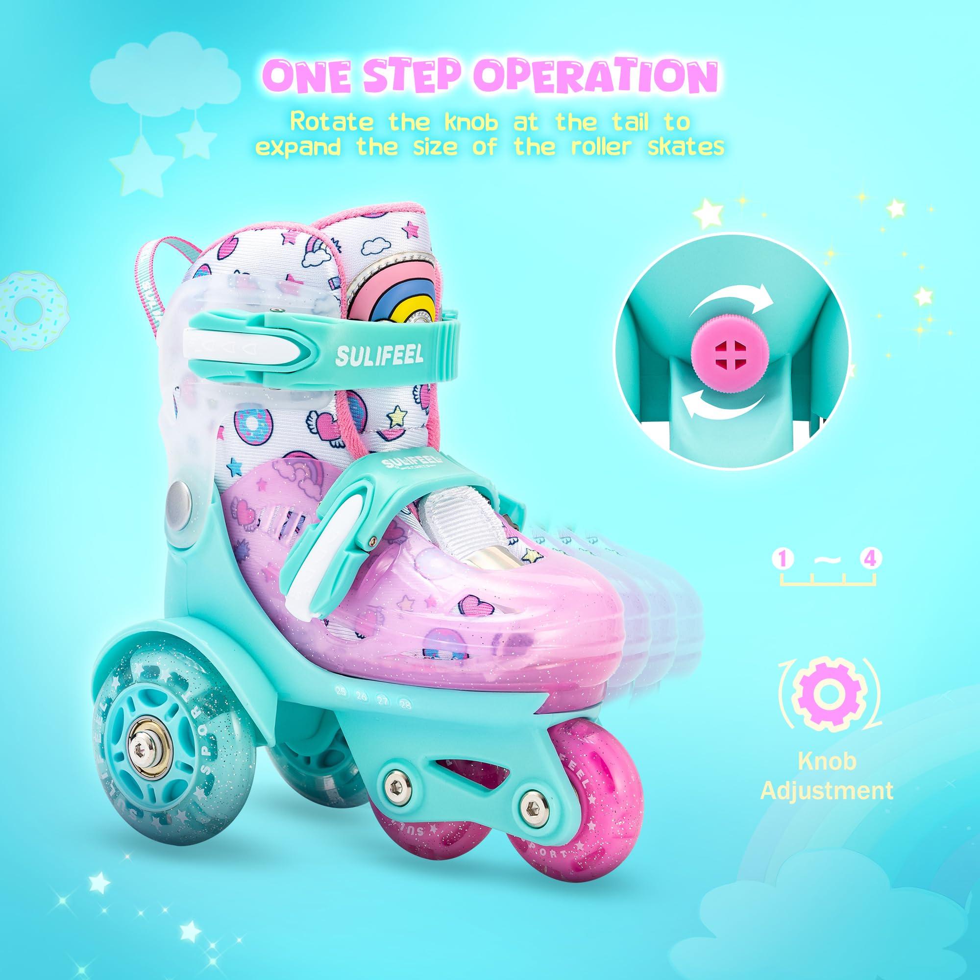 SULIFEEL SULIFEEL Adjustable Roller Skates for Girls Boys Kids,Fun Illuminating Light Up Flash Wheels Three-Point Type Balance Suitable for Beginners Indoor Roller Skating Green & Pink Size X-Small