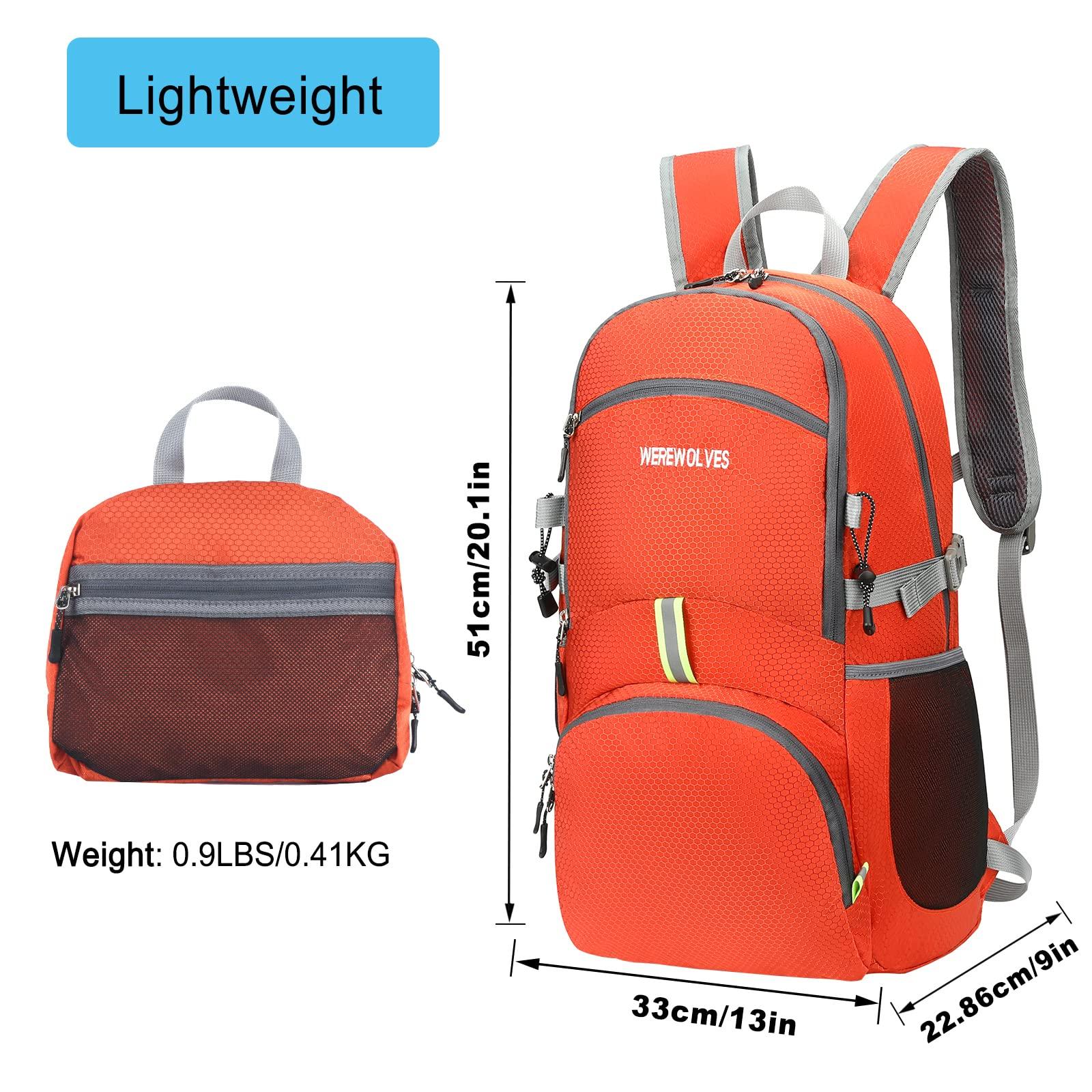 WEREWOLVES WEREWOLVES 35L Ultralight Hiking Backpack, Lightweight Foldable Water Resistant Outdoor Sports Travel Daypack for Women Men (orange, 35L)