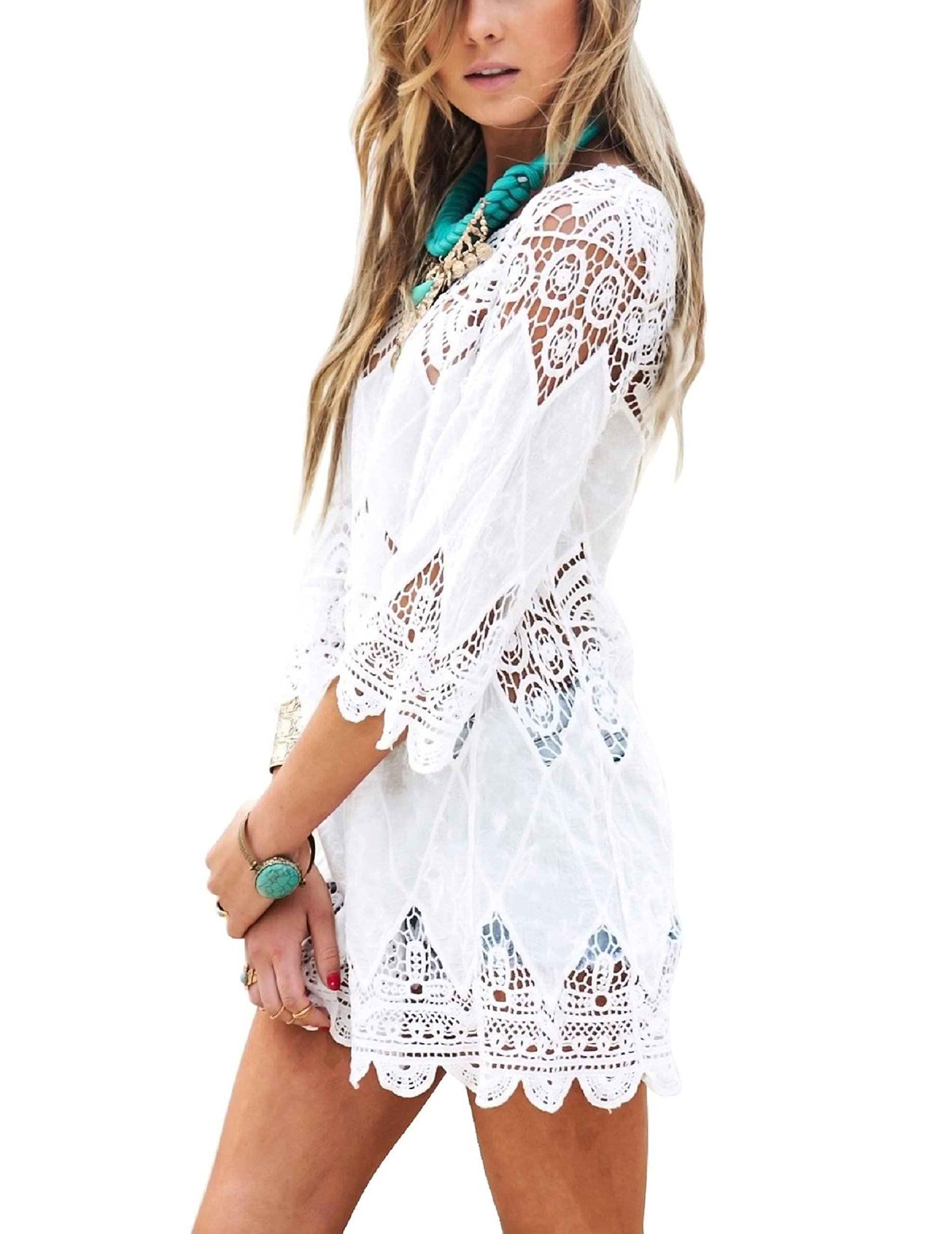 Jeasona Women's Bathing Suit Cover Up Lace Crochet Tunic Bikini Beach Dress (M, White)