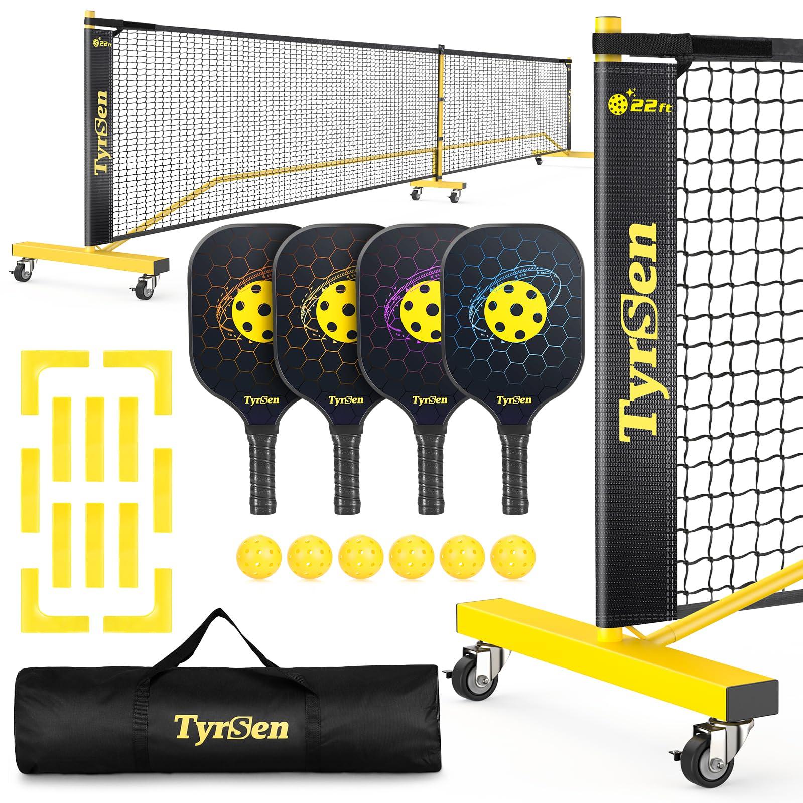 TYRSEN TYRSEN Pickleball Net Set - Pickleball Net on Wheels for Driveway Backyard, 22FT Regular Size, 4 Fiberglass Paddles & 6 Balls, 12 Court Markers, Portable Pickle Ball System with Carry Bag