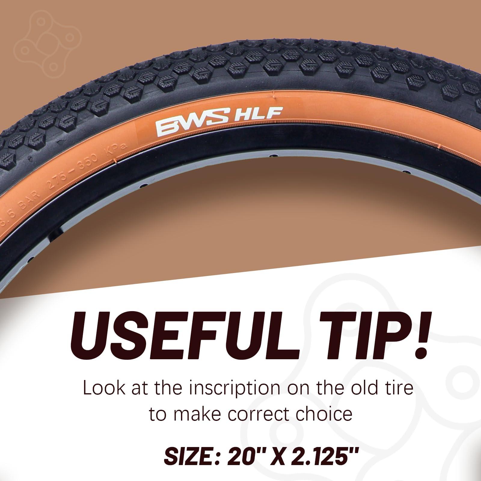 BWSHLF BWSHLF 20inch Mountain Bike Tires, 20 x 2.125 Inch, 2 Pack Replacement Black Folding MTB Bicycle Tire, Brown Sidewall