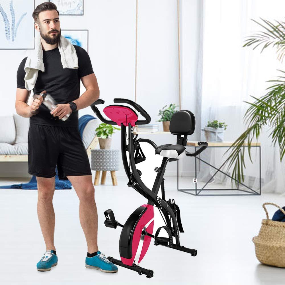 MTFY MTFY 3 IN 1 Magnetic Foldable Upright Exercise Bike, Workout Cycling Folding X Bike w/Hand Pulse Sensor, LCD Display, Large Backrest, Comfy Seat and Handles, Stationary Recumbent Bike (Pink)