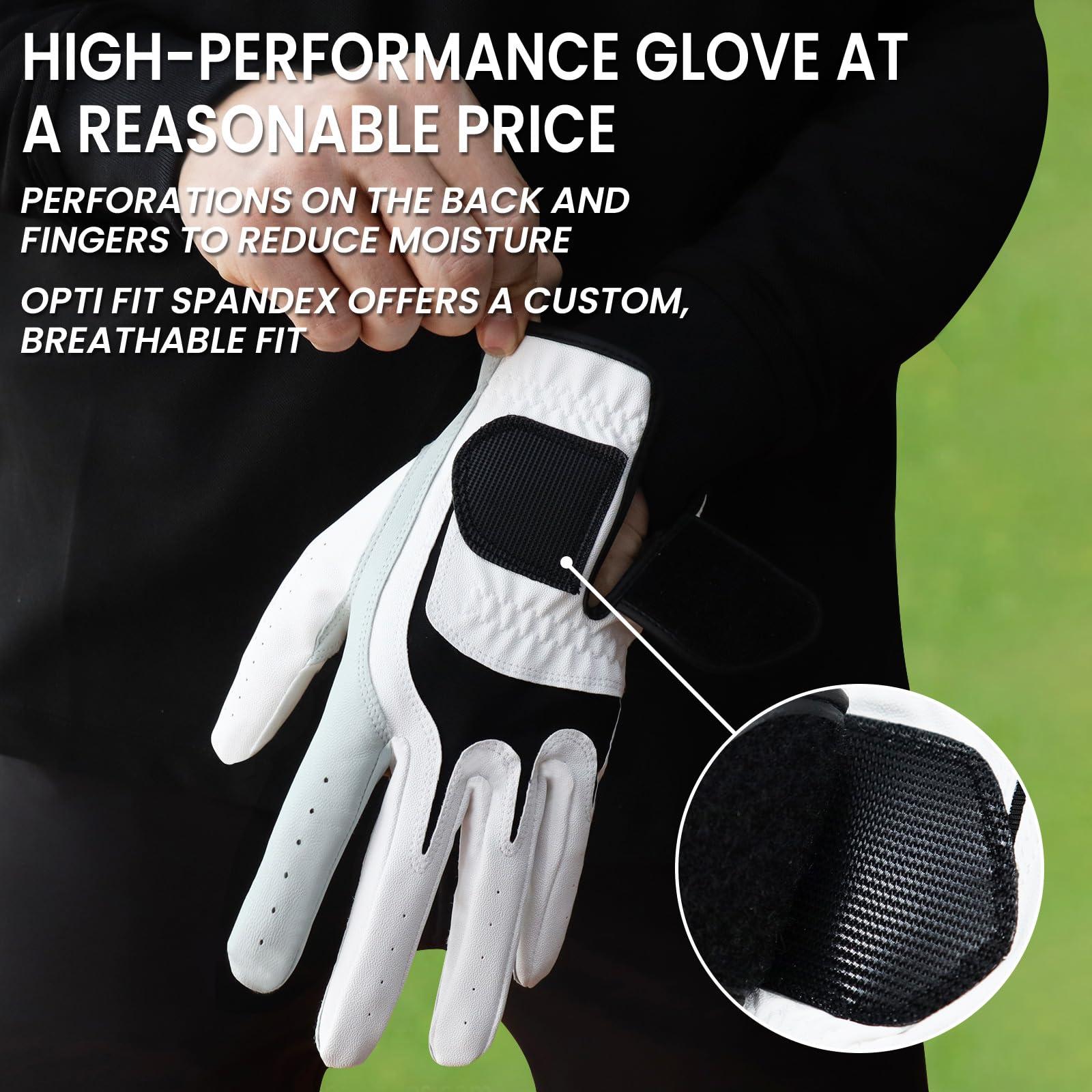 FINGER TEN FINGER TEN Golf Gloves Men Right Left Handed Golfer 3/6 Pack Mens Golf Glove Left Right Hand Soft Cabretta Leather All Weather Grip Size S M ML L XL (White-6 Pack, X-Large, Left)