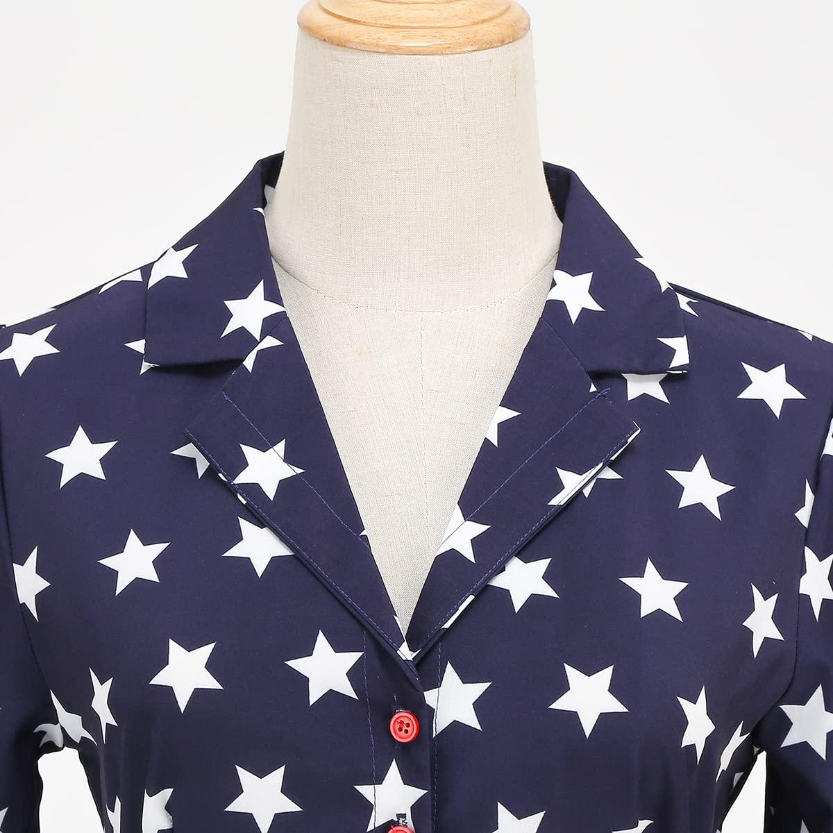ABOCIW 4th of July Dress Women American Flag Dressy up Lapel Collar V Neck Short Sleeve Stars Shirt Dress A-line Knee Length Cocktail Party Patriotic Dress with Belt Navy Blue-Stars XL
