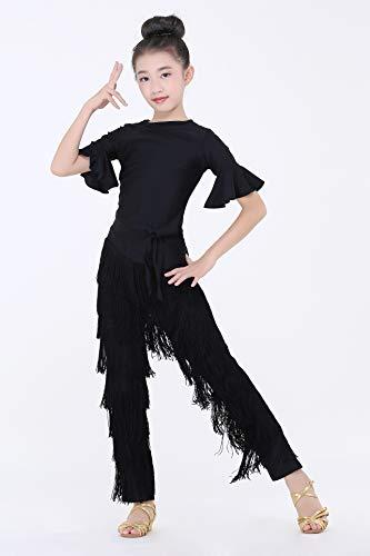 JEZISYMA JEZISYMA Girls\' Practice Performance Christmas Party Tassel Fringed Ballroom Latin Tango Salsa Dance Pants (Black, XS)