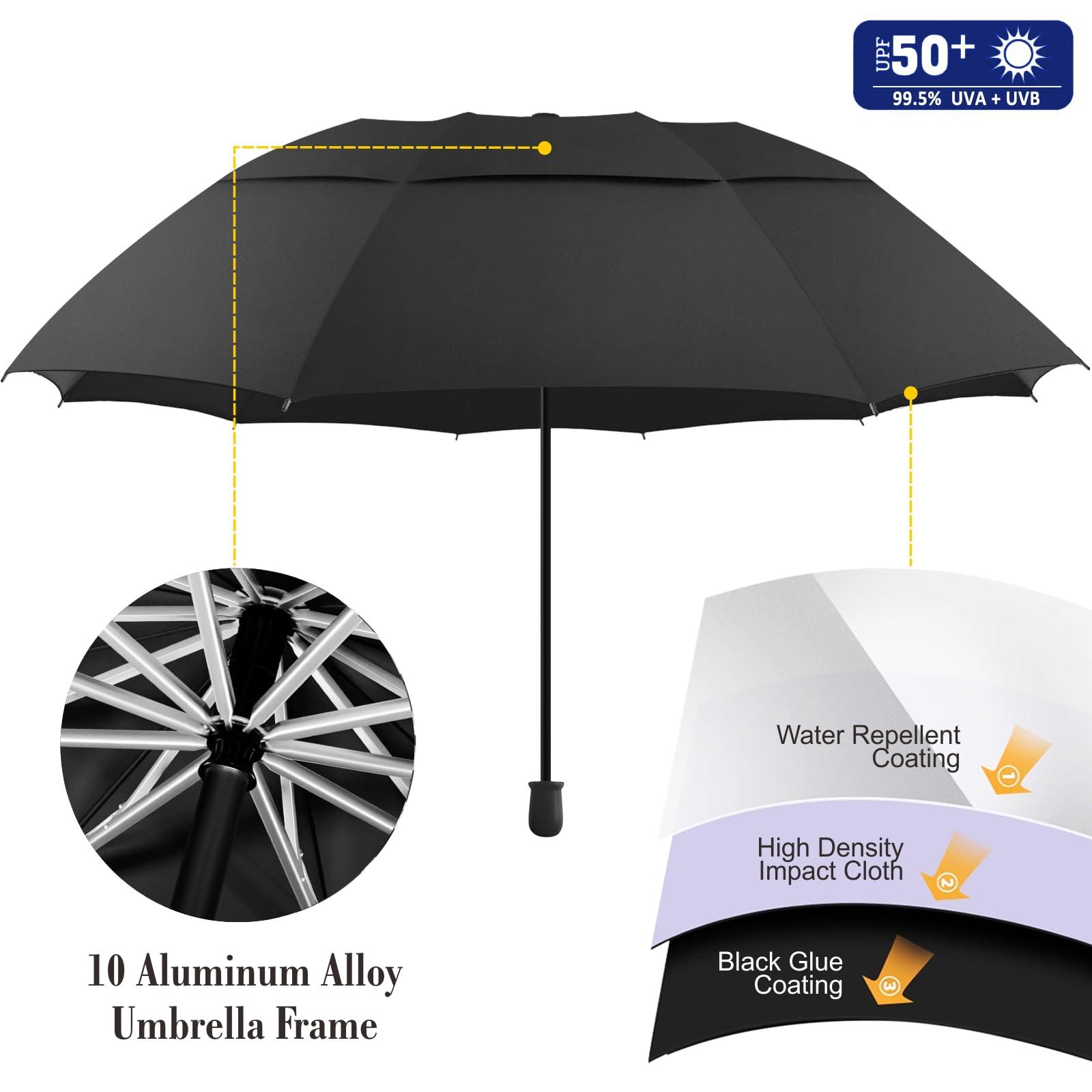 HOBVO HOBVO UPF 50+ Golf Umbrella with Adjustable Universal Clamp Portable Umbrellas for Rain, Manual Open & Close, for Beach Chair, Golf Cart, Stroller, Bleacher, Patio (Black, 49.2")