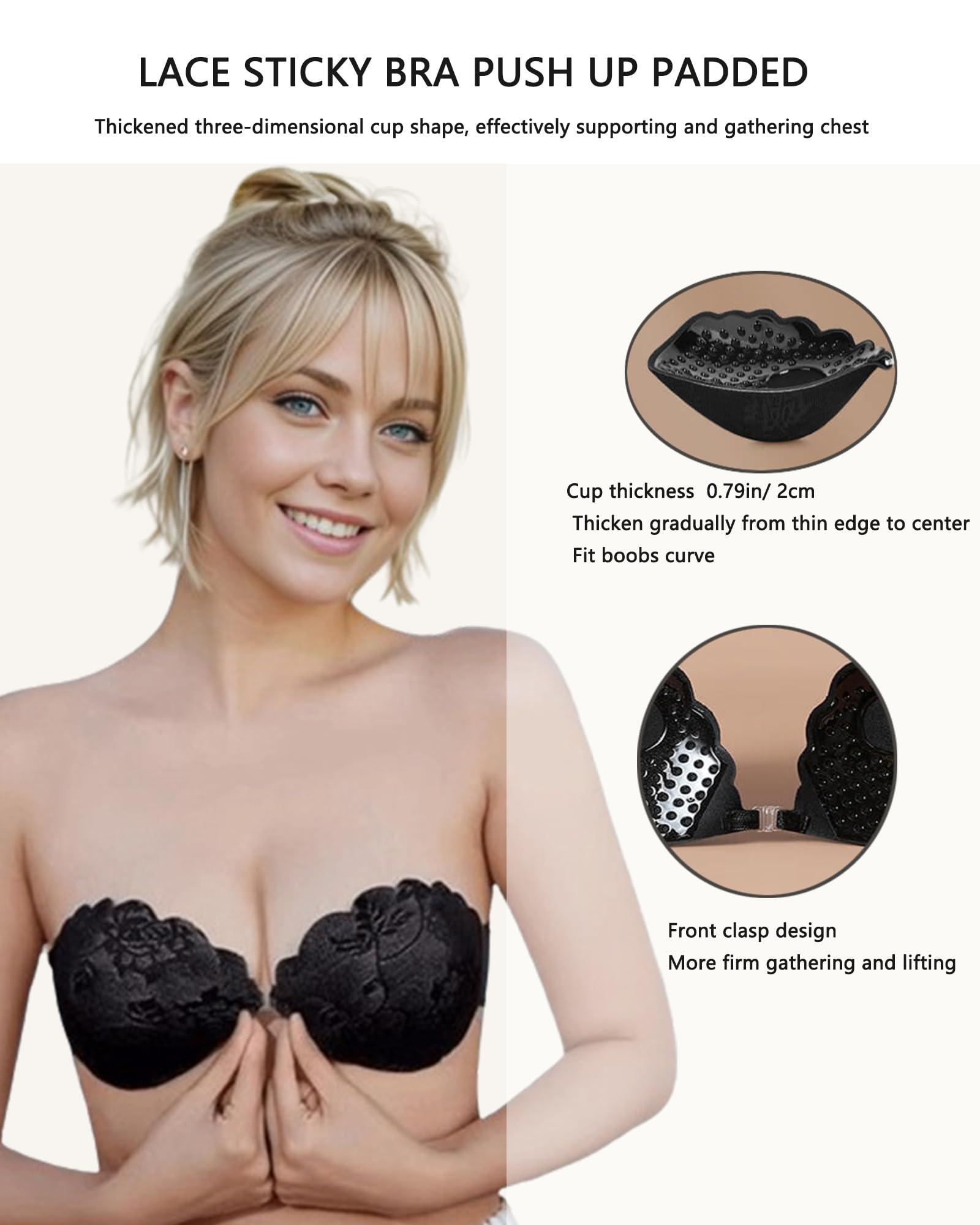 Kelivy Adhesive Bra Push up Strapless Sticky Invisible Upgrade Lace Bras for Women Dress Backless with Detachable Strap Nipple Cover
