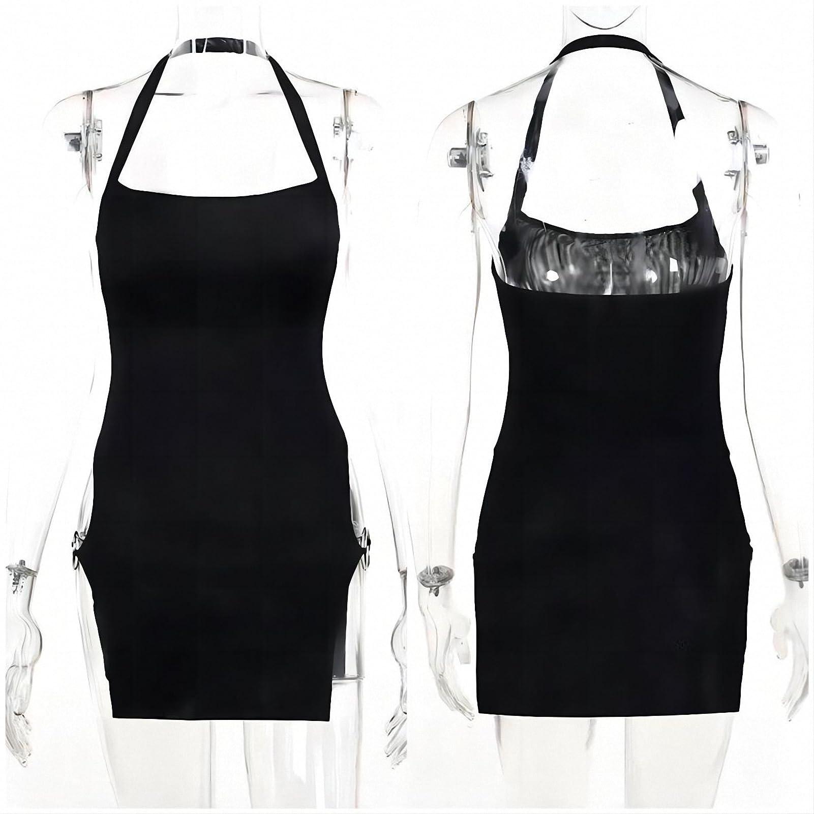 Dawery Dawery Metal Circle Split Mini Dress for Women Summer Black Halter Backless Sleeveless Bodycon Short Dress Black S