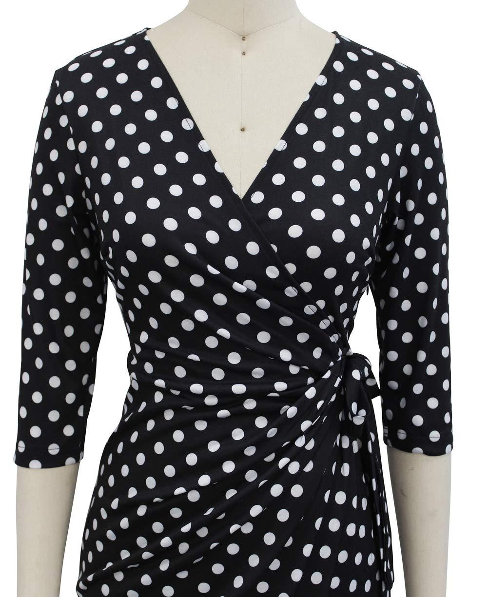Berydress Berydress Women's Classic 3/4 Sleeve V Neck Sheath Casual Party Work Faux Black Wrap Dress (M, 6083-Black Dot)