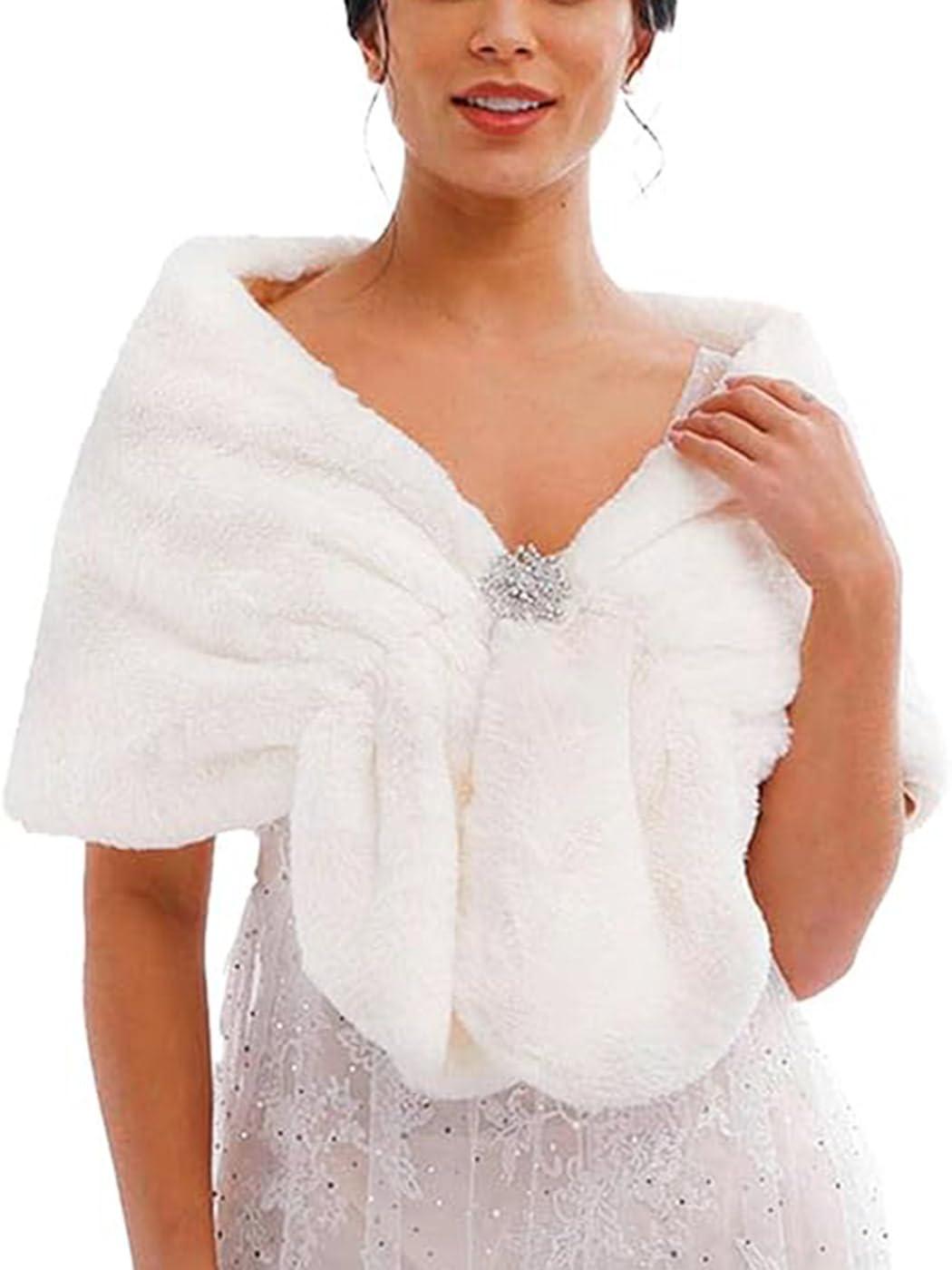 Zehope Zehope Wedding Faux Fur Shawl Wrap Winter Stole Shrug Bridal Evening Cape Scarf Cover Up for Bride and Bridesmaids (Ivory)
