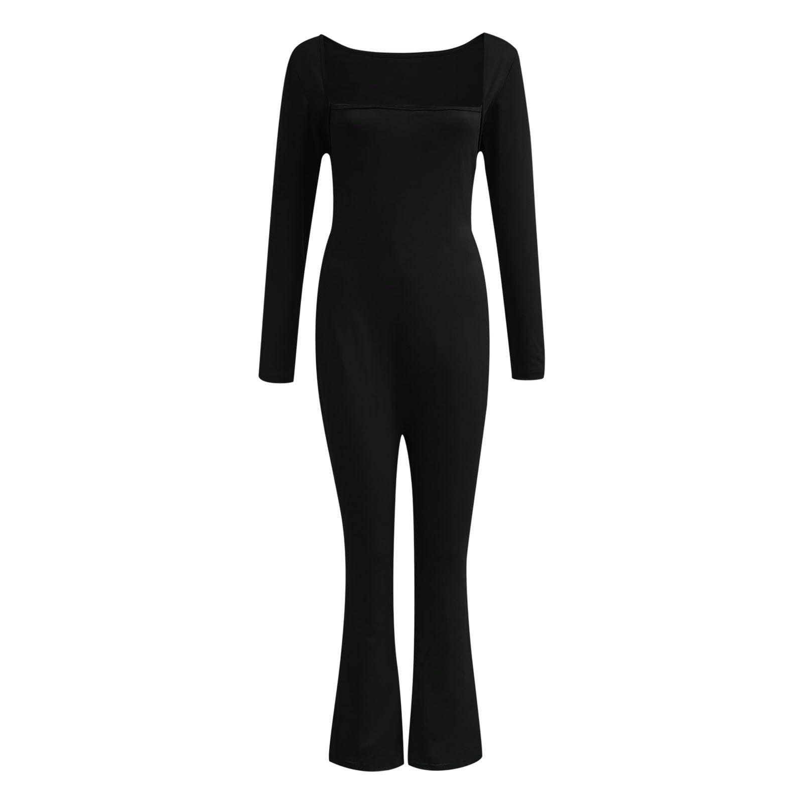 NineFit Basics Long Sleeve Jumpsuits for Women Square Neck Wide Leg Full Length Romper Playsuit Flare Jumpsuits Black Medium