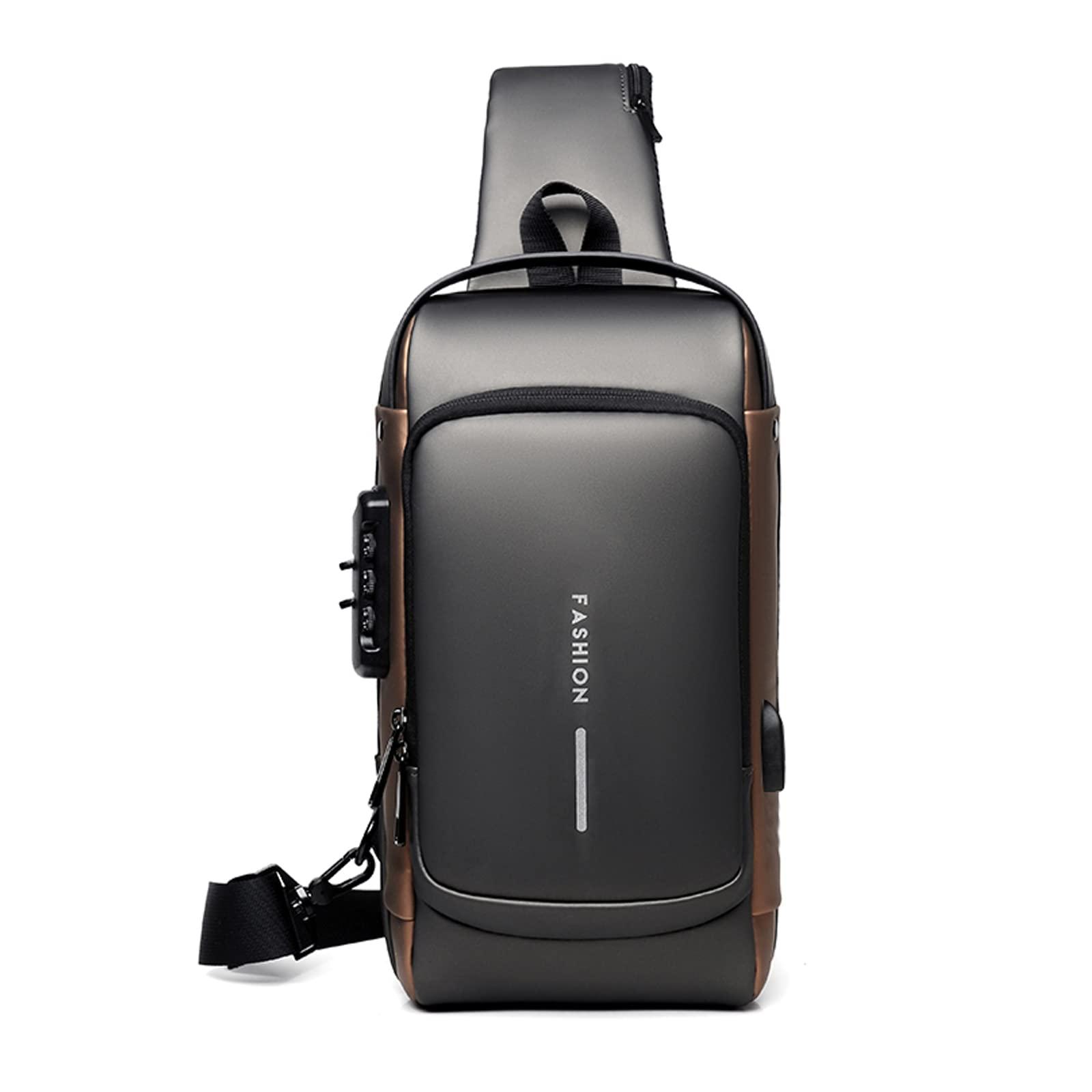 FANDARE FANDARE Anti-theft Sling Bag Business Men Bag Chest Crossbody bags with USB Charging Port Waterproof Small Backpack for Outdoor Work Hiking Running Sport Travel Bag Gray Brown