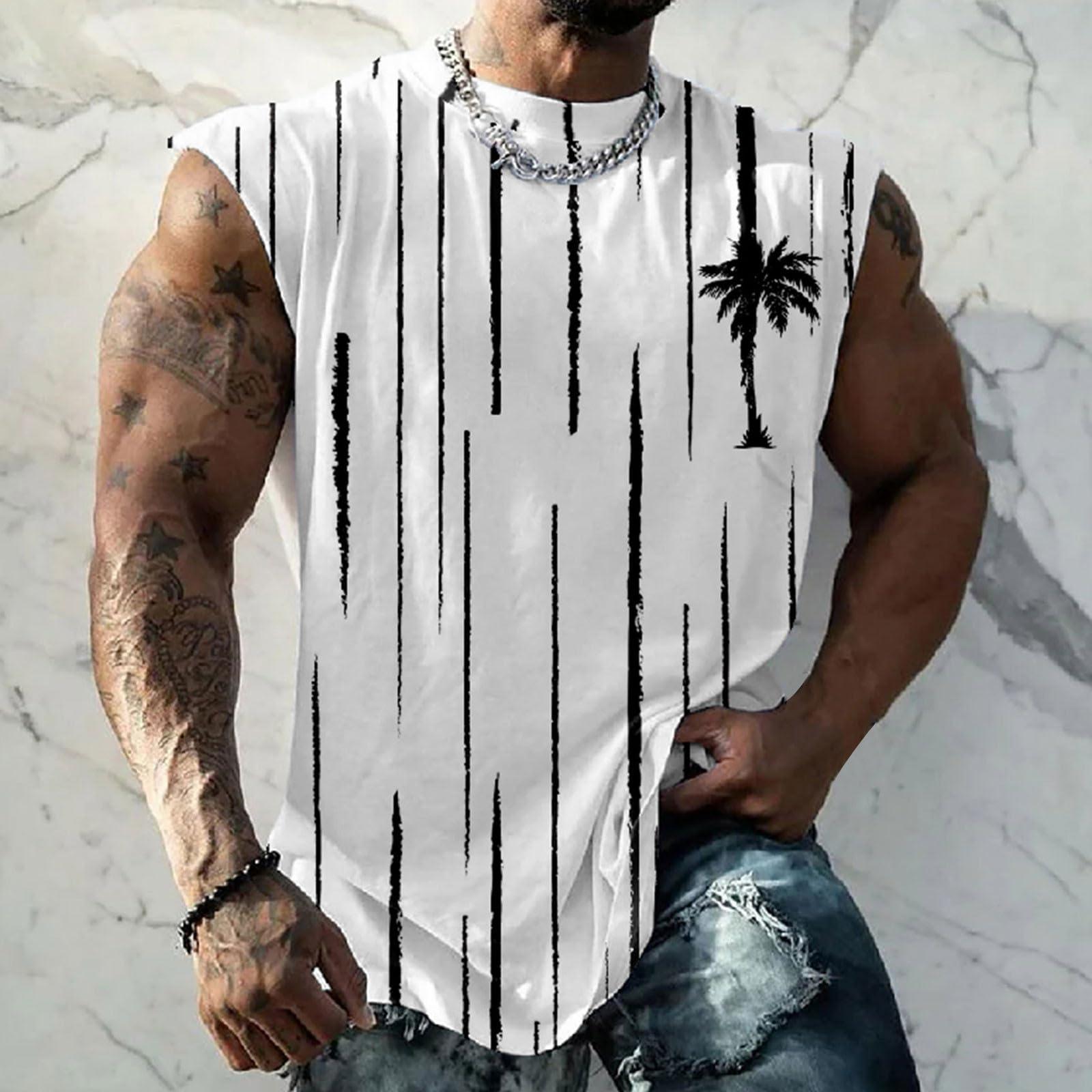 Muscularfit Mens Tank Tops Graphic Men's Tank Shirts Fashion Graphic Contrast Color Sleeveless Muscle T-Shirt Summer Casual Beach Tank Top for Men Men's t-Shirts & Tanks White L