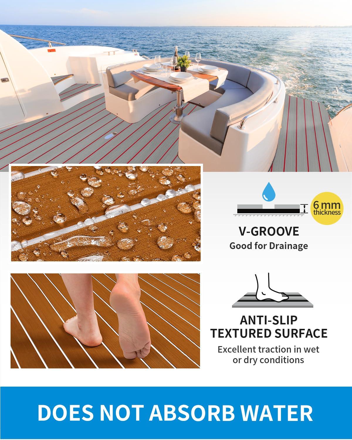 OCEANBROAD OCEANBROAD Boat Flooring EVA Foam Self-Adhesive 96''x36'' Faux Teak Marine Boat Decking Sheet for Jon Boats Yacht Floor, Brown with White Seam Lines