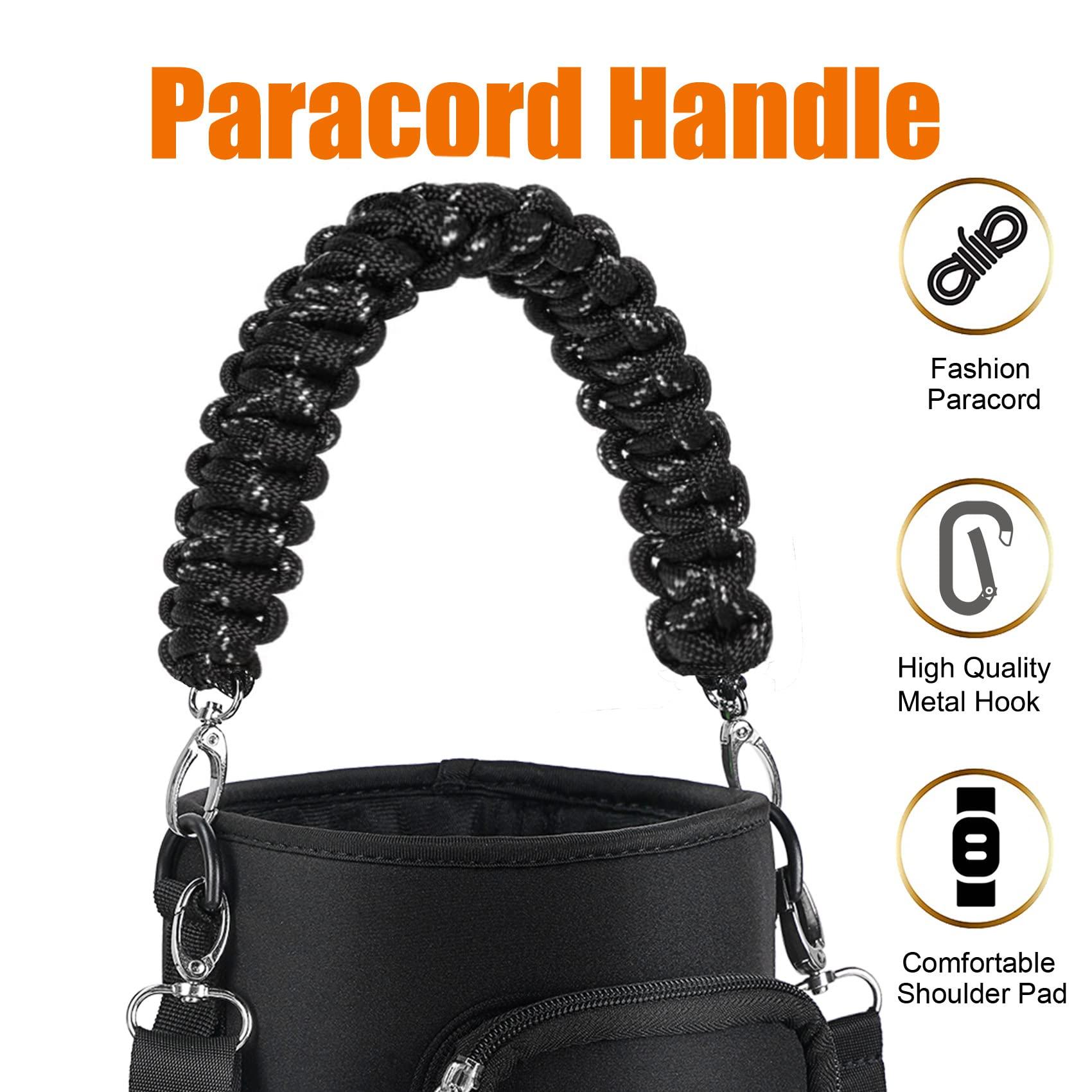 AceTreker AceTreker 64 oz /87 oz/128 oz Neoprene Water Bottle Sleeve for Insulated Metal Water Jug Bottles, Carrier Sling Bag with Adjustable Shoulder Strap & Paracord Handle and 2 Pocket for Walking-Black