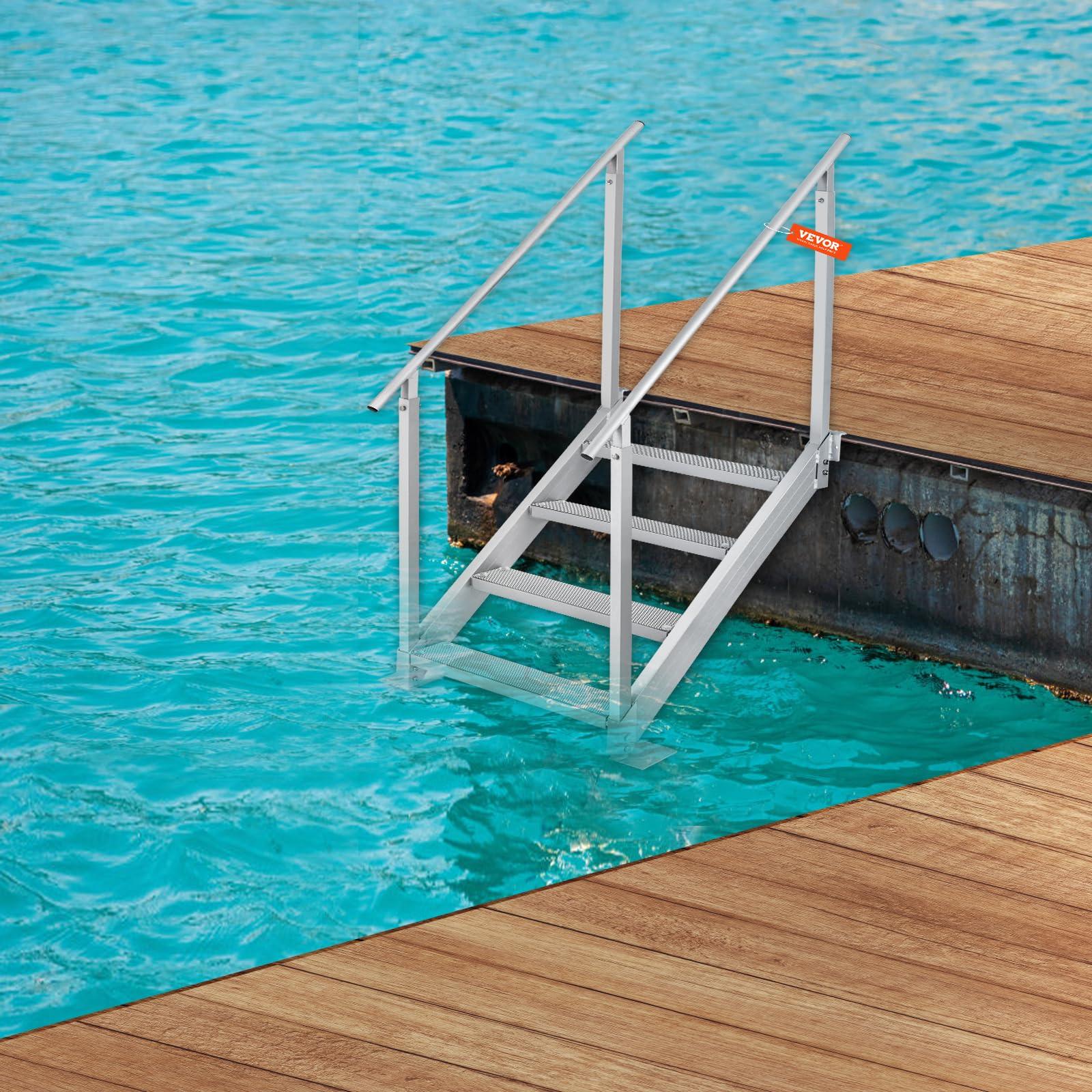 VEVOR VEVOR Dock Stairs 4 Steps, 500lbs Load Pool Steps, Adjustable Height Aluminum Dock Ladders, Pontoon Boat Ladder with Handrails & Widen Nonslip Pedals for Lake/Pool/Marine Boarding/RV/House