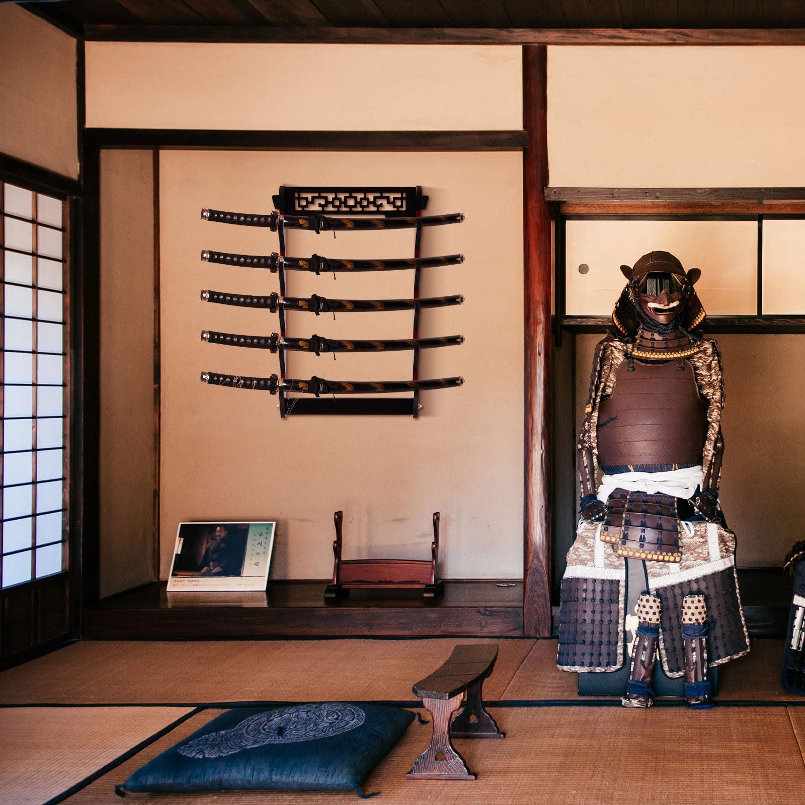 Barydat Barydat Katana Sword Holder Stand Wall Mount Katana Samurai Sword Display Rack Hanger Gifts for Christmas Japanese Wakizashi Hobby Collection for Men(5 Tier)