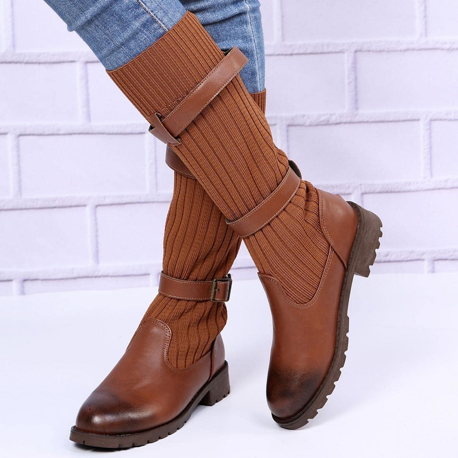 ZBYY ZBYY Women's Knee Boots Chunky Low Heels Thigh High Boots Long Stretch Fall Knitted Winter Dress Boots Fashion Mid Calf Booties