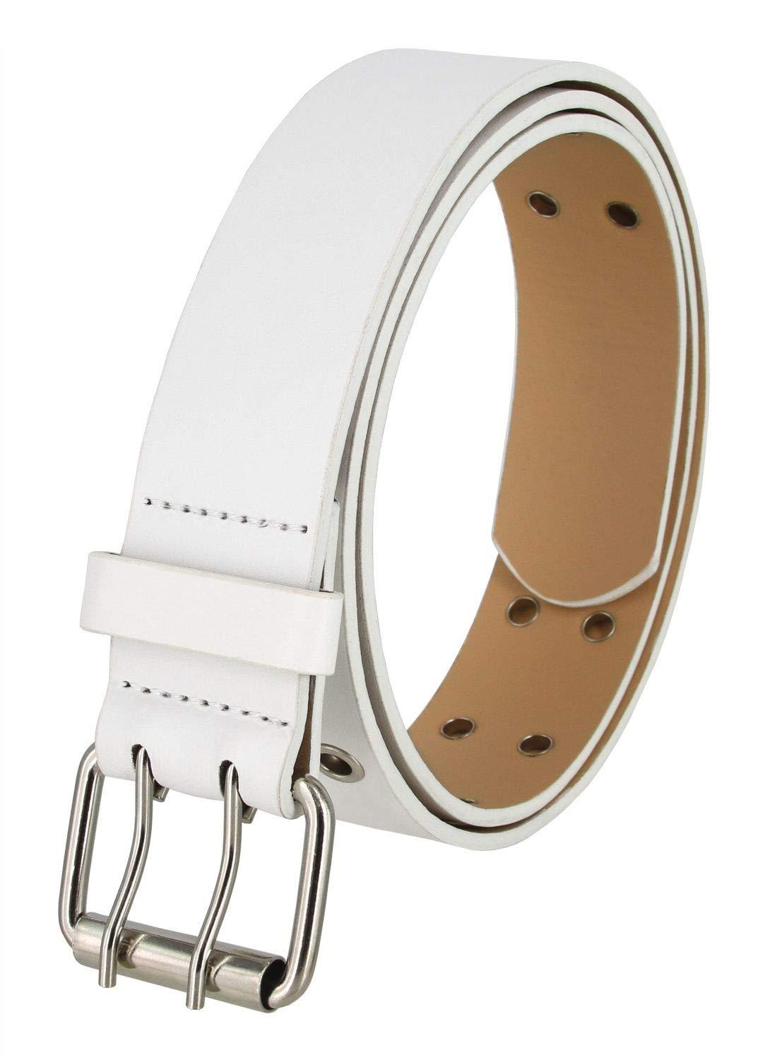 Belts.com Solid Rich Fashion Color Double Grommet Twin Prong Leather Casual Jean Belt 1 1/2" Wide (White- XL)