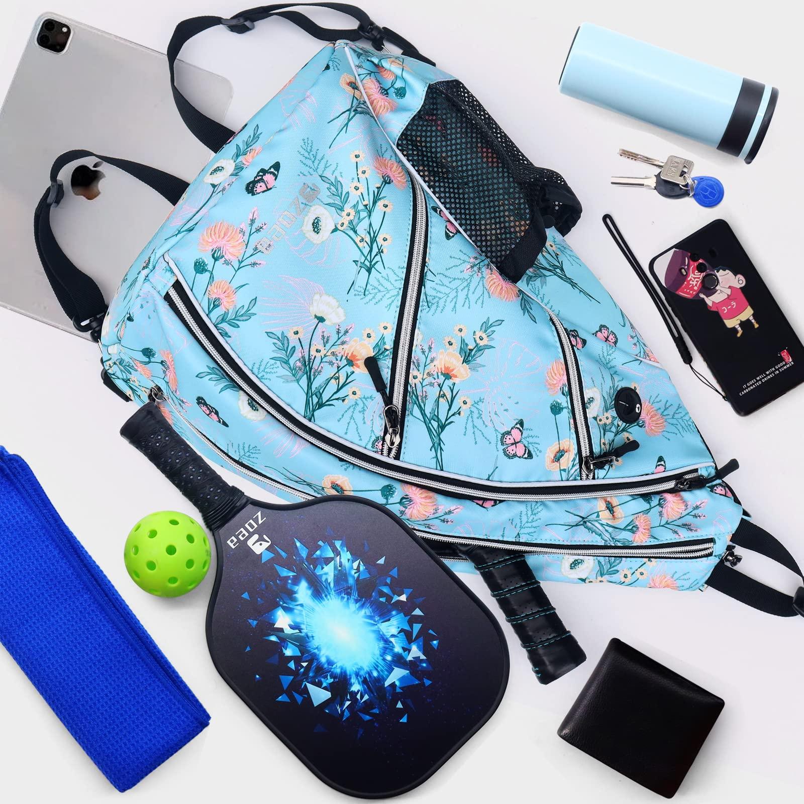 ZOEA ZOEA Pickleball Bag, Sport Pickleball Sling Bag for Women Man, Adjustable Pickleball Backpack with Fence Hook Water Bottle Holder, Fits 4 Paddles and All Your Other Gear (Flower Blue)