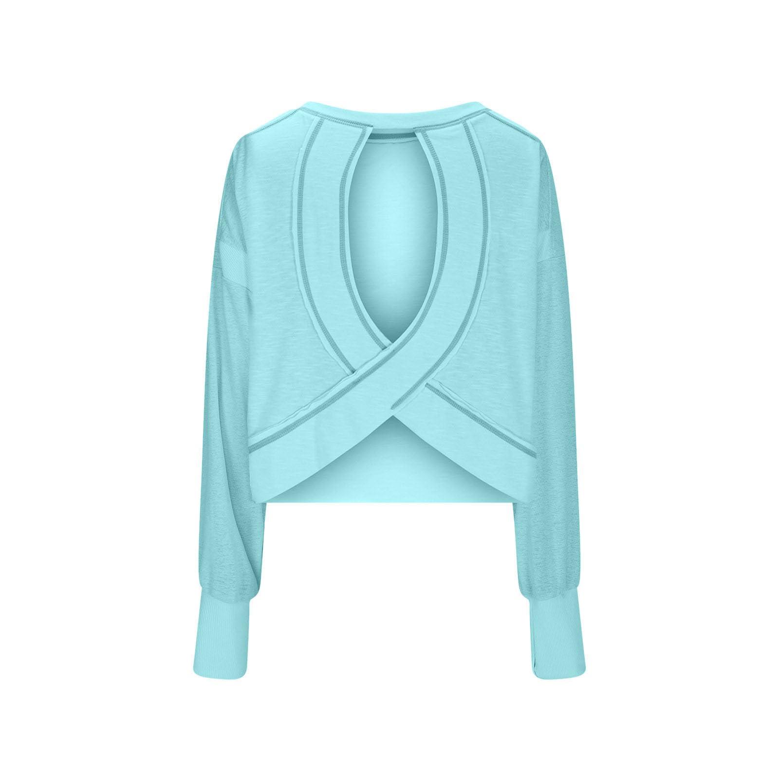 Wirziis Wirziis Open Back Workout Tops for Women Oversized Long Sleeve Athletic T-Shirt Baggy Backless Crop Gym Running Yoga Tops Sky Blue, X-Large