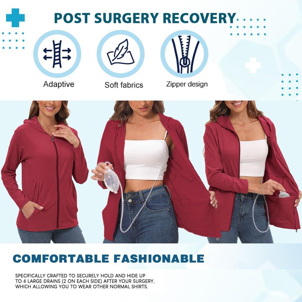 EVERWORTH EVERWORTH Post Mastectomy Shirts with Drain Pockets Breast Mastectomy Recovery Must Haves Soft Long Sleeve Zip Up Shirts Clothing Red M