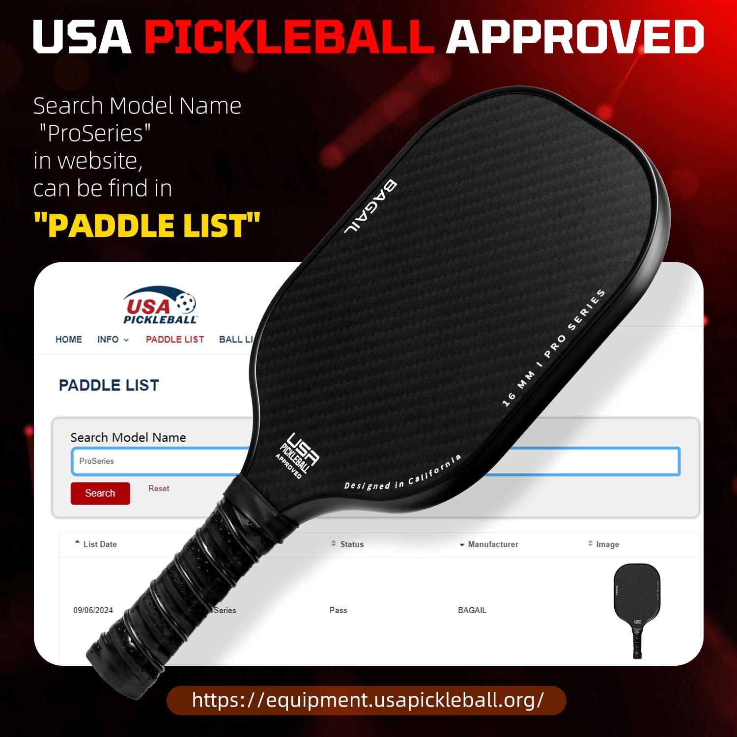 BAGAIL BAGAIL Pickleball Paddles, USAPA Approved Fiberglass Surface Pickleball Set, Lightweight Pickle Ball Rackets with 4 Balls, 1 Bag, Designed in California for Traction and Stability - 2 Pack, Black